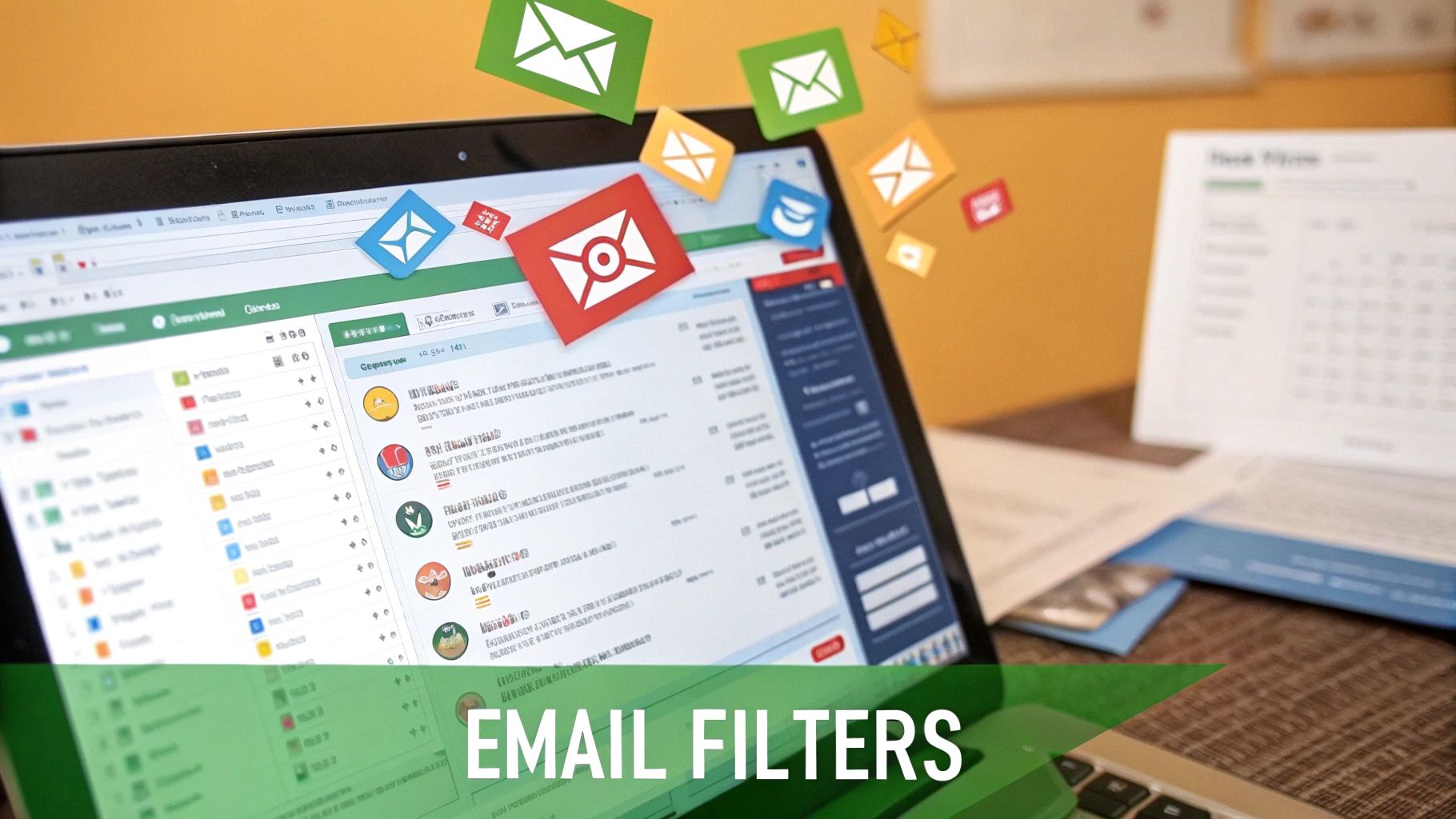 An animated graphic illustrating how email filters automatically sort incoming mail into different folders like 'Work', 'Personal', and 'Promotions'.