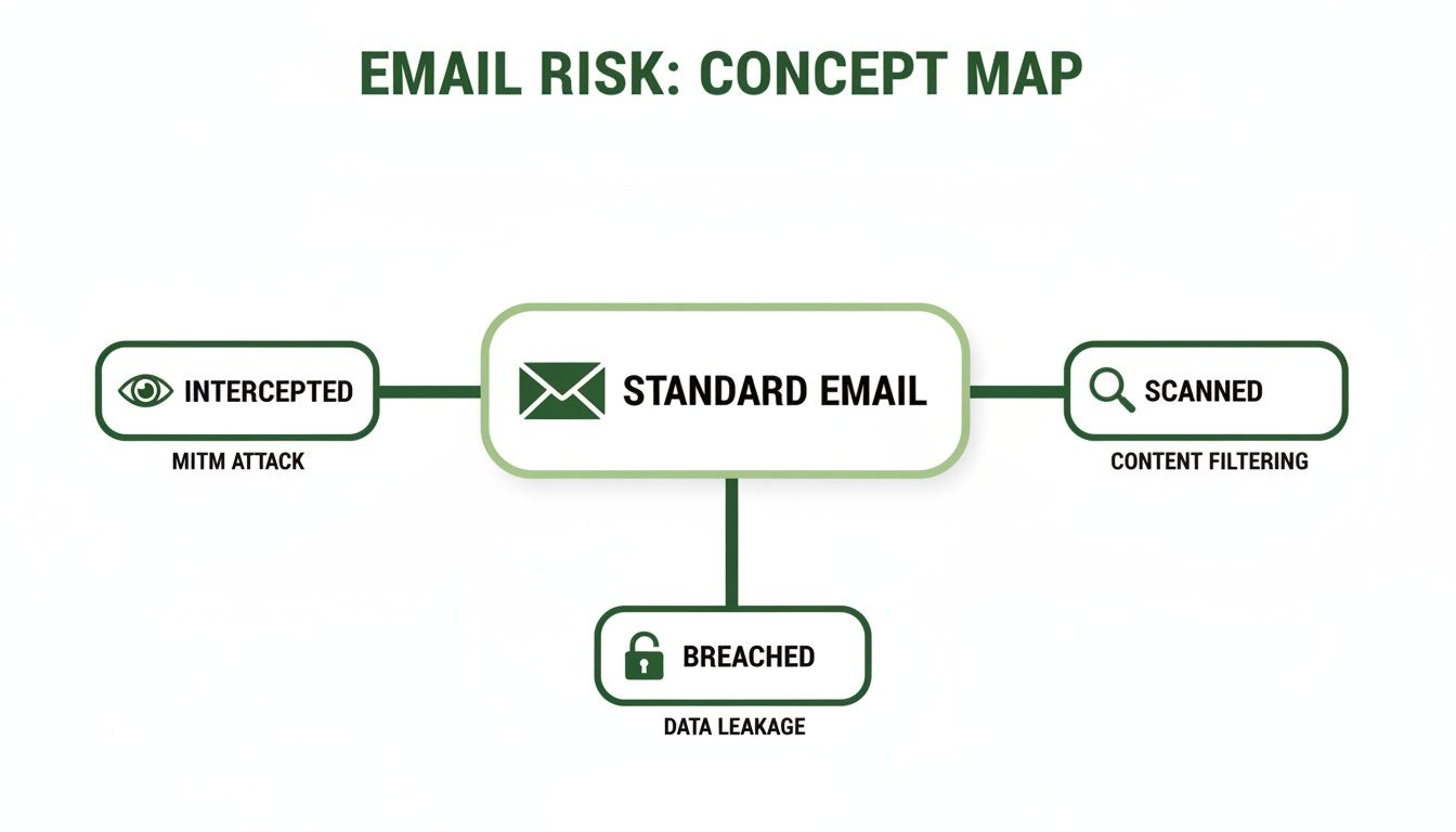 A concept map illustrating email risks, showing standard email can be intercepted, scanned, or breached.