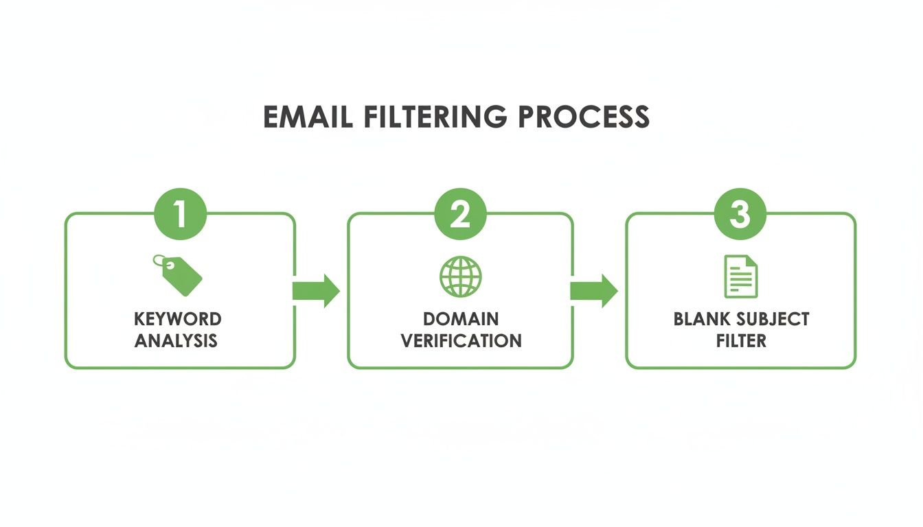 A three-step email filtering process: keyword analysis, domain verification, and blank subject filter.