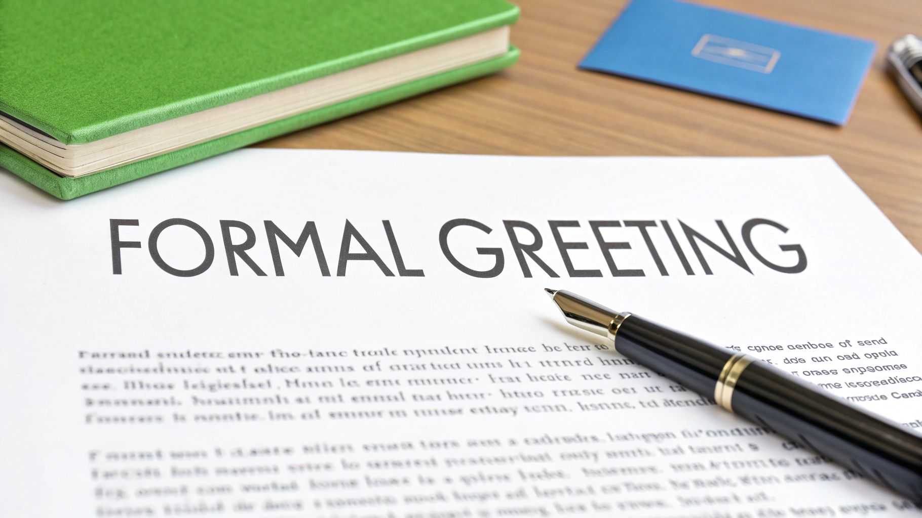 A close-up of a document with 'FORMAL GREETING' text, a pen, and a green book.