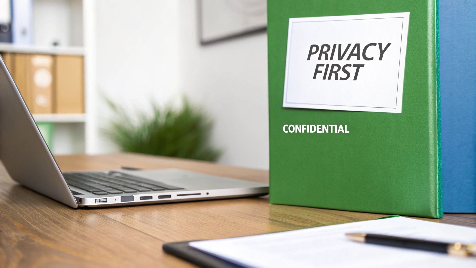 A person working securely on a laptop with a lock symbol overlayed, representing data privacy and security.