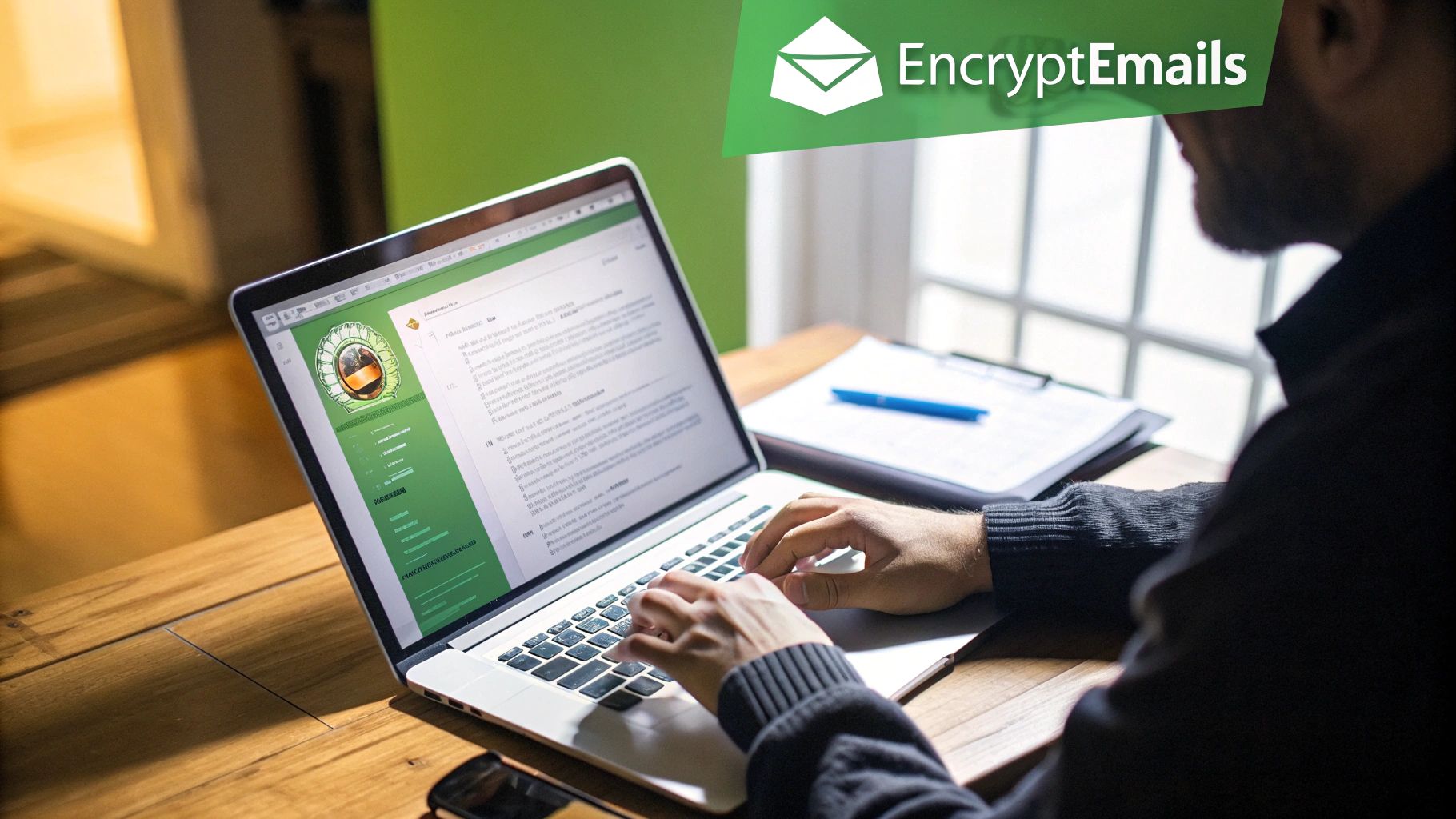 A digital lock superimposed on an email envelope, symbolizing email encryption