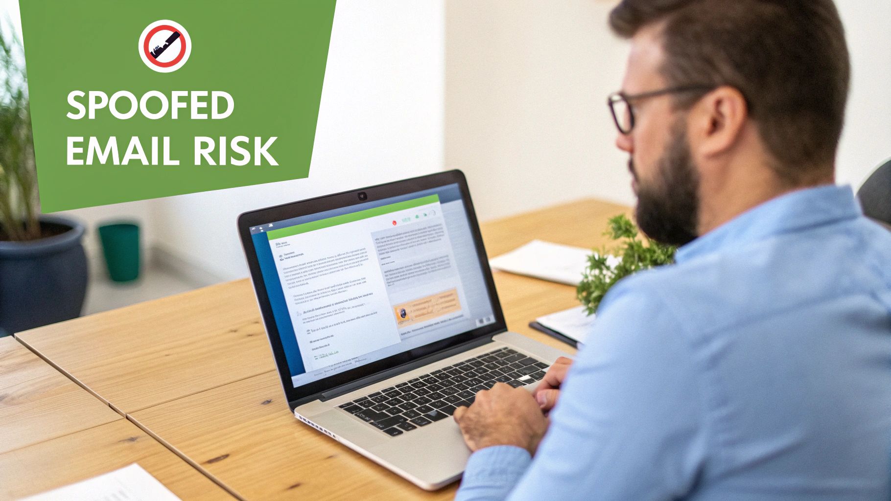 A person looking at an email on a laptop with a warning symbol over it, illustrating the threat of email spoofing.