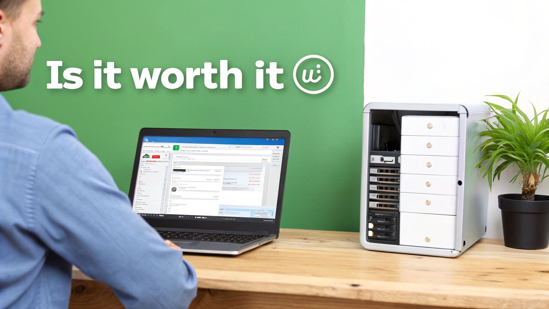 Person evaluating mail server hosting solution on laptop with server hardware on desk