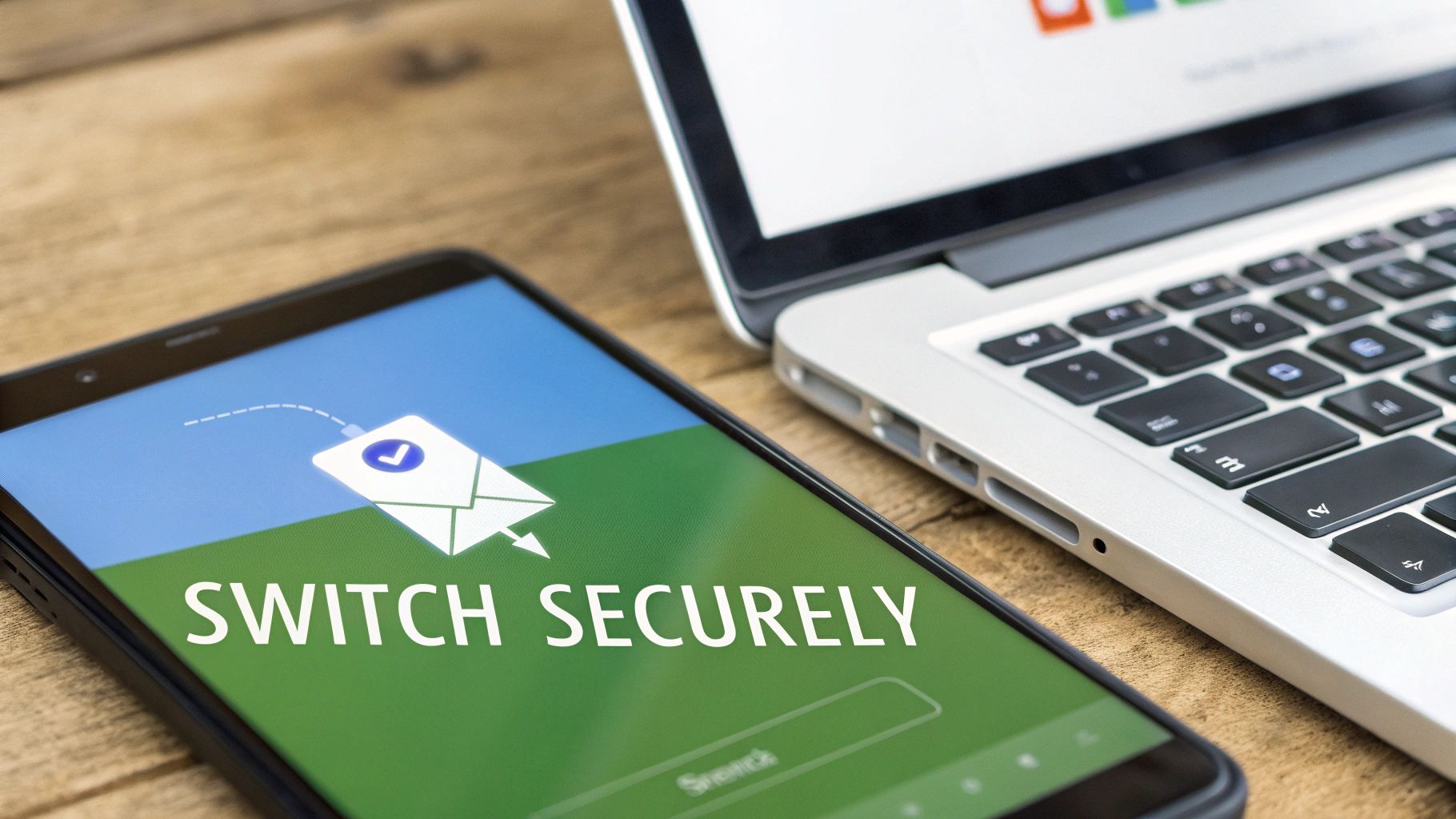 A smartphone displaying 'SWITCH SECURELY' with an email icon, next to a laptop, symbolizing secure email services.
