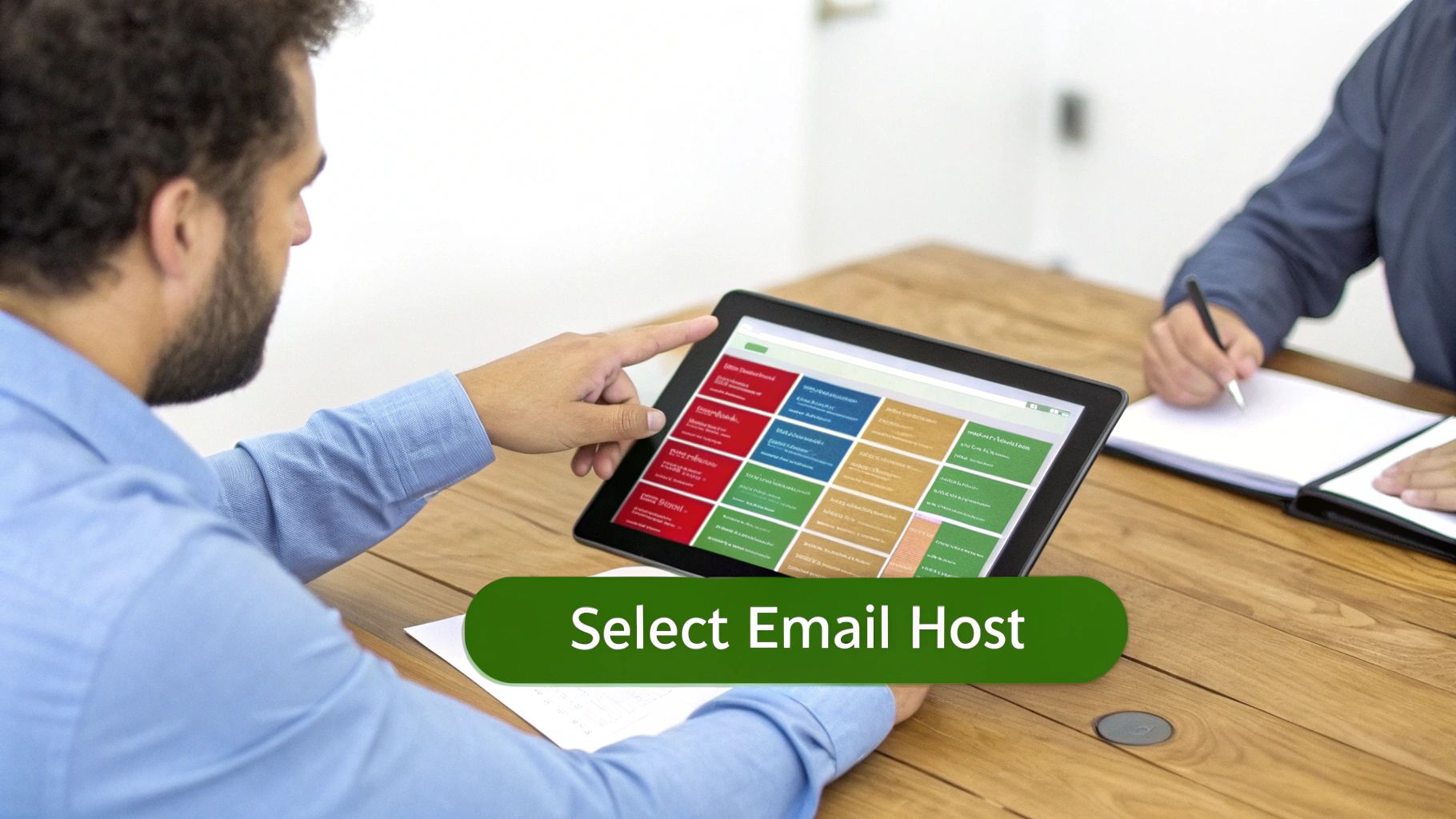 A person at a desk thoughtfully comparing different email hosting service options on a laptop screen.