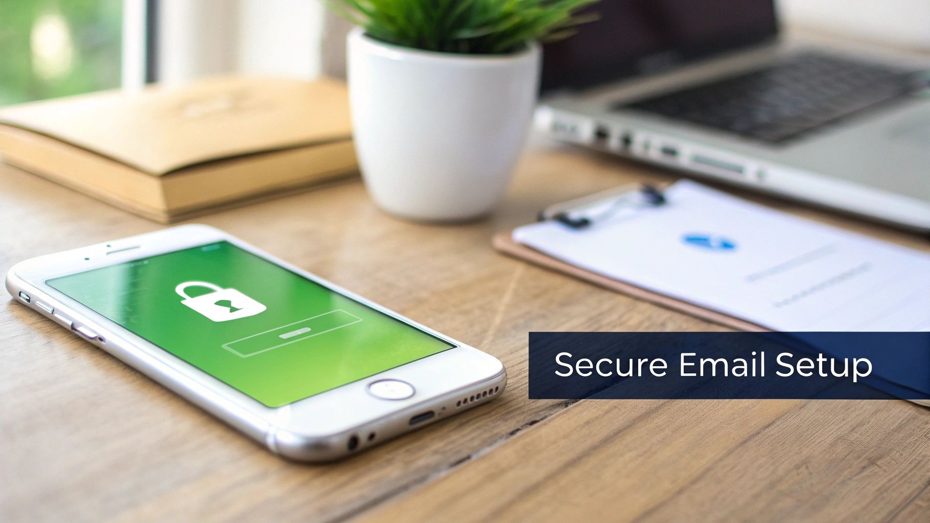 A smartphone on a wooden desk displays a secure lock icon, representing secure email setup.