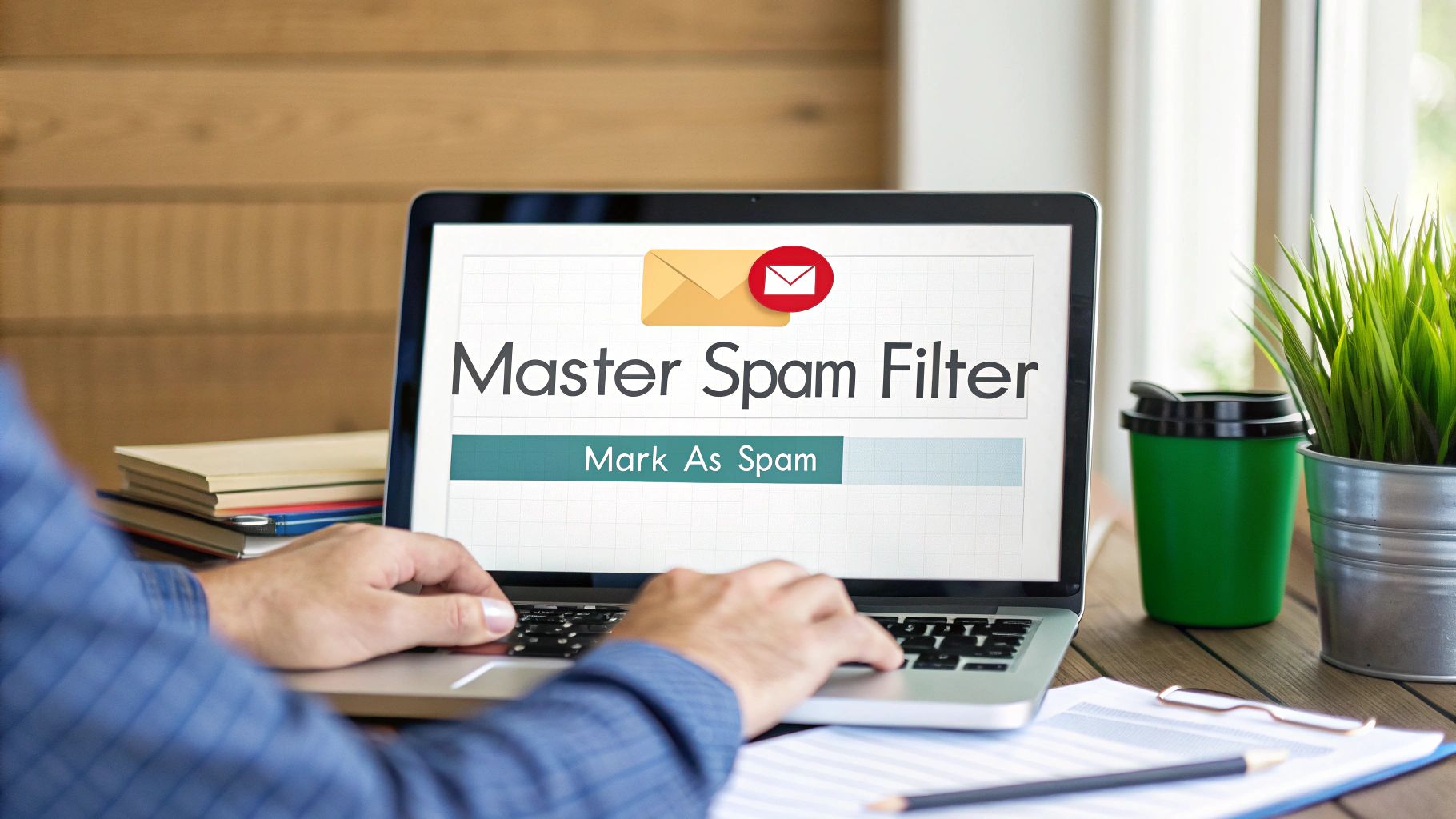 A digital shield icon protecting an email envelope from incoming junk mail symbols.