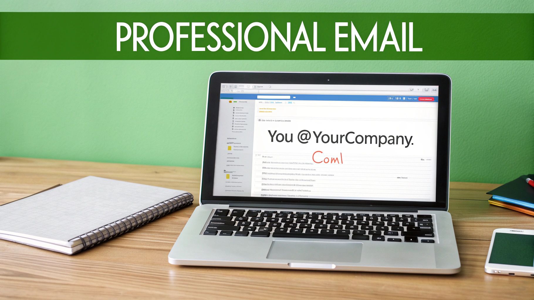 A laptop on a wooden desk shows a "You@YourCompany.com" email, under a "PROFESSIONAL EMAIL" banner.