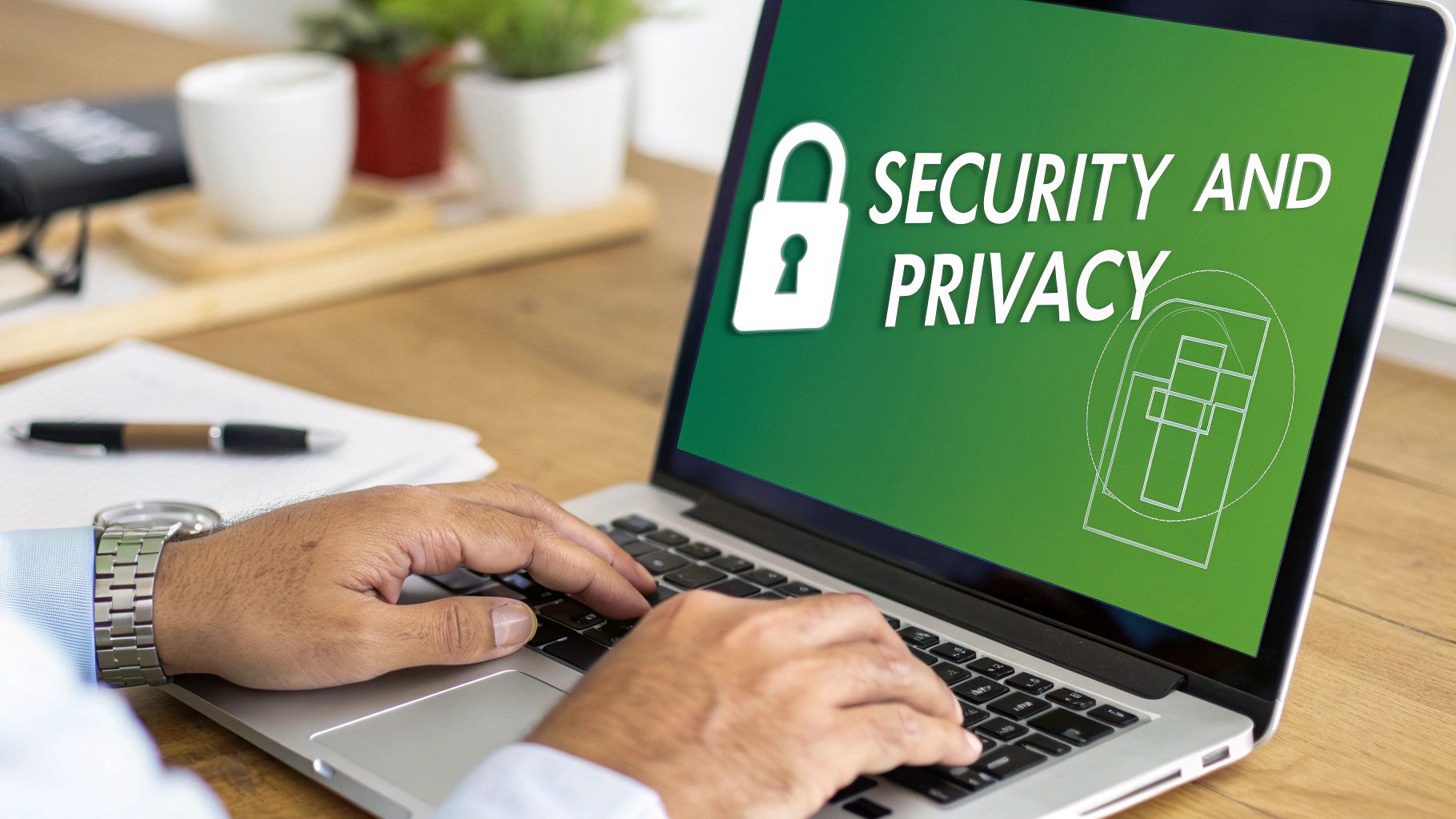 A person typing on a laptop displaying 'SECURITY AND PRIVACY' with a padlock on a green screen.