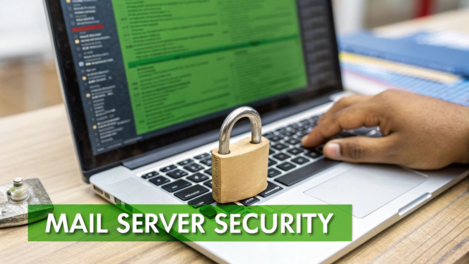 Person using laptop with padlock on keyboard symbolizing mail server security and data protection