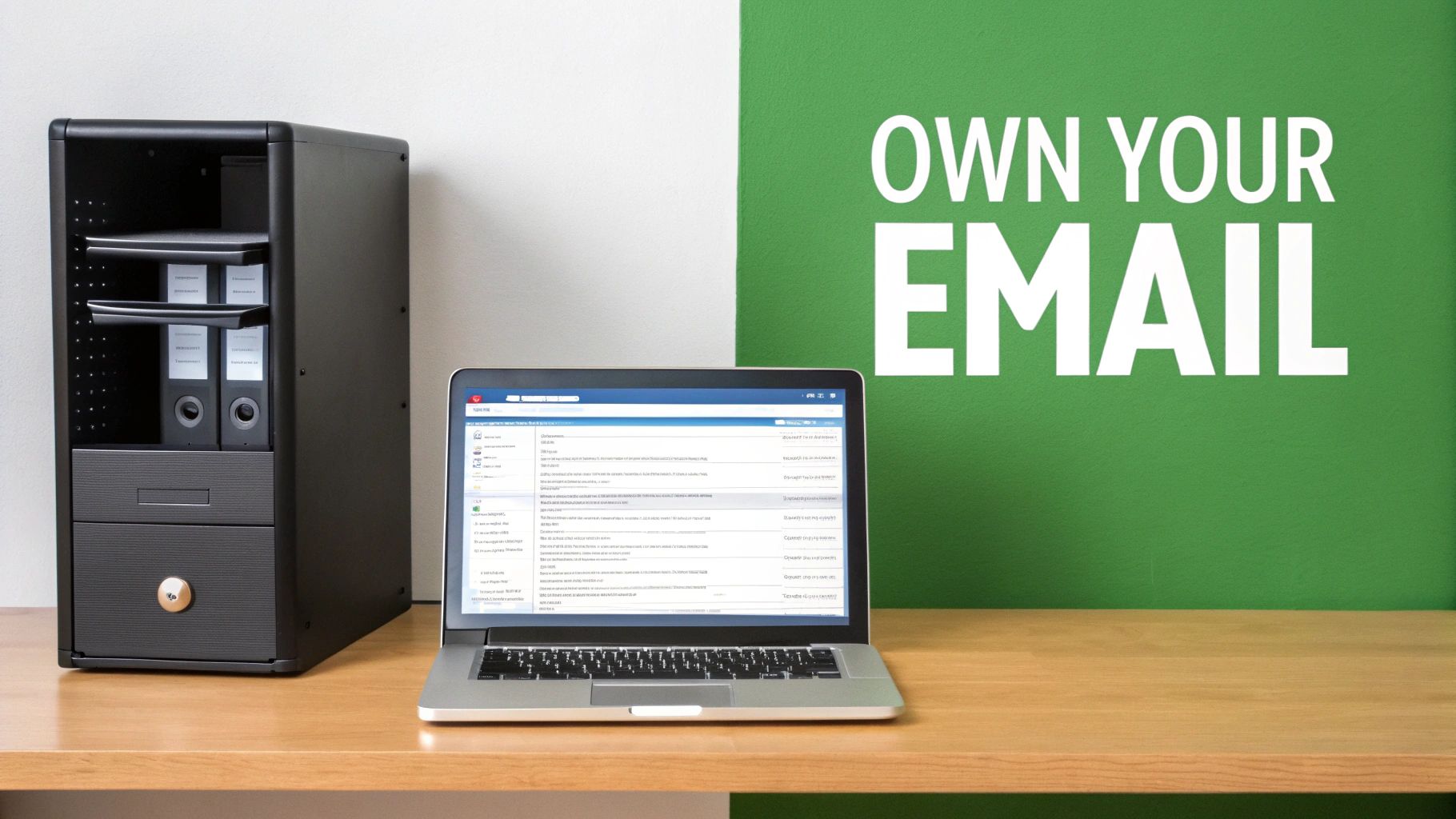 Laptop displaying email server interface beside desktop tower with own your email message on wall