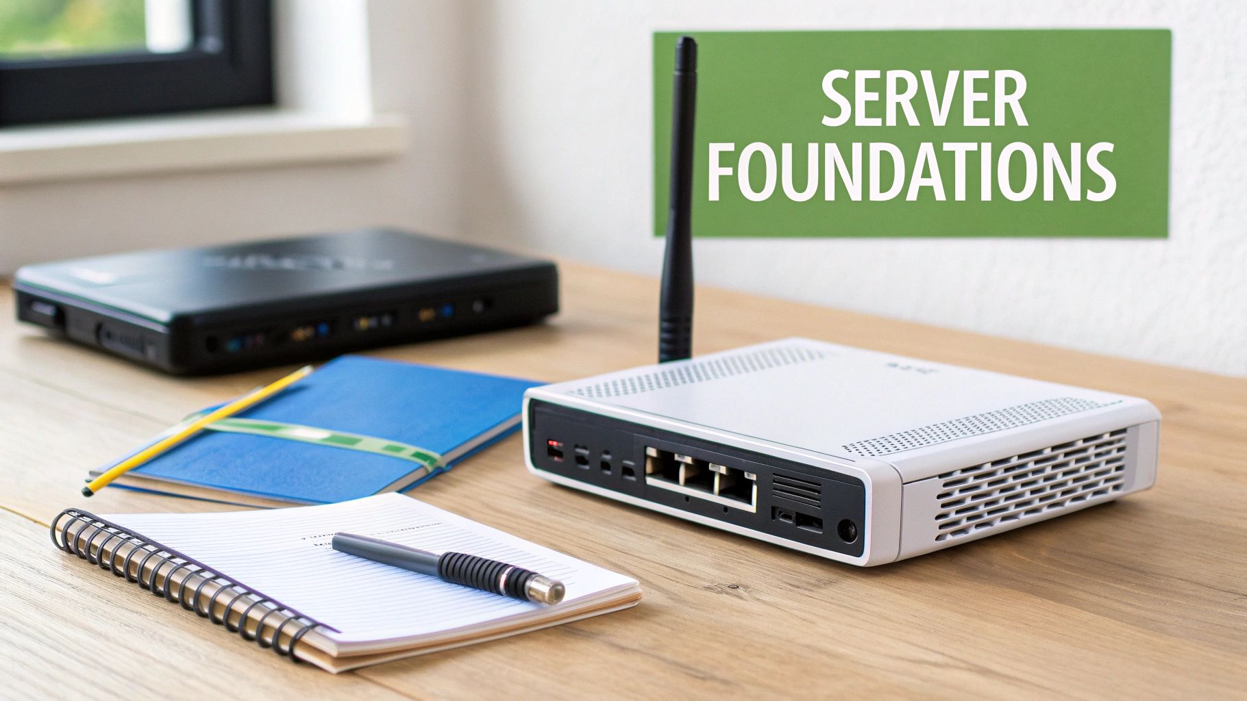 A server, networking equipment, notebooks, pen, and pencil on a wooden desk with a 'SERVER FOUNDATIONS' sign.