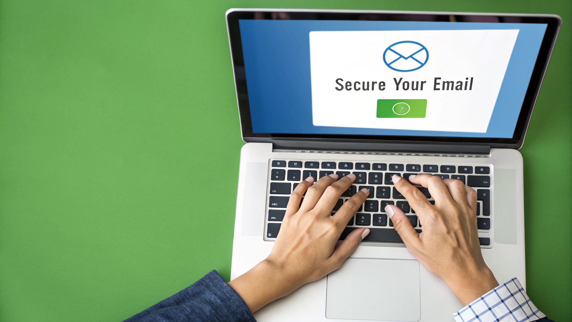 A person working on a laptop with a digital lock icon, symbolizing email encryption and security.