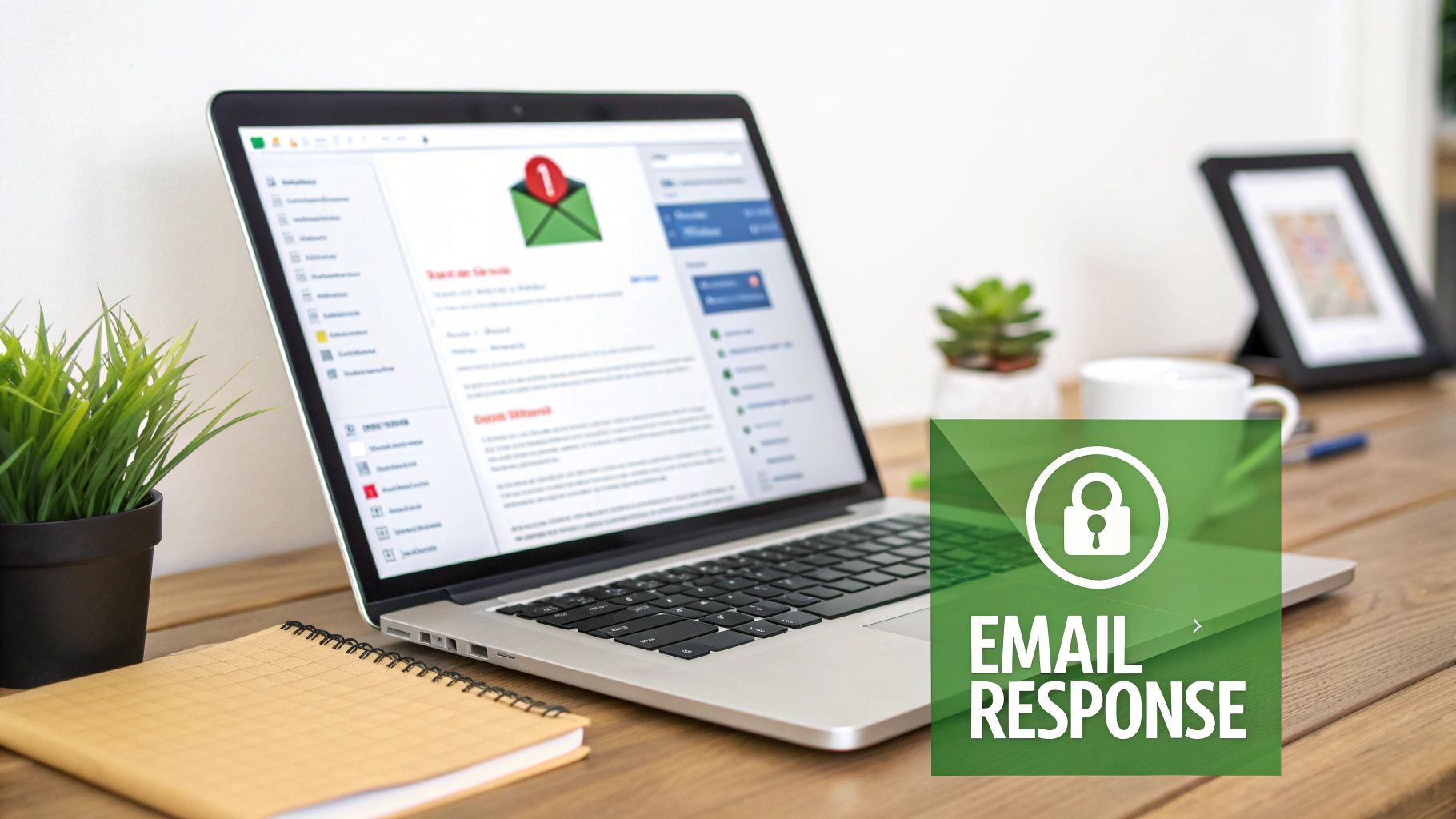 A laptop displaying an email notification, with a green overlay stating "EMAIL RESPONSE" and a padlock icon.