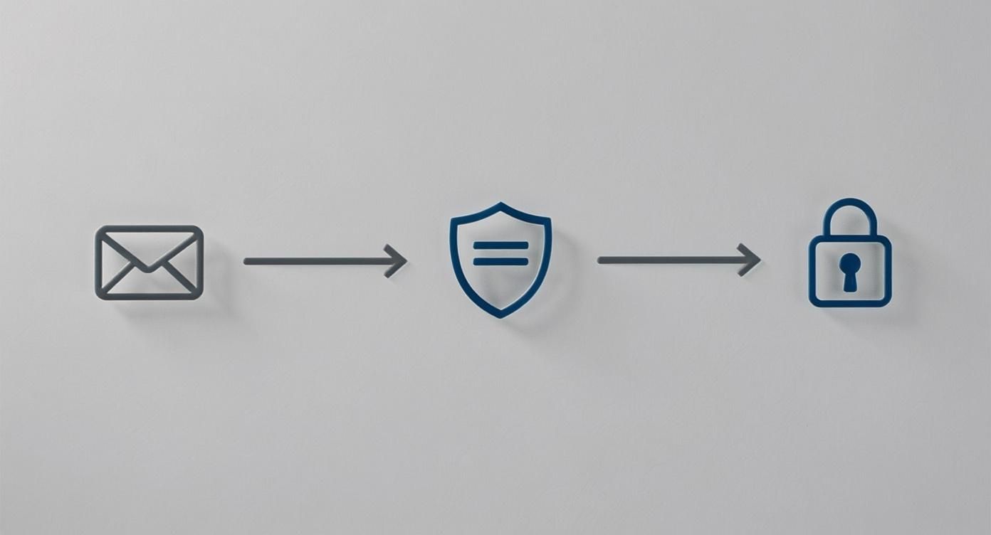 Infographic showing the process of an email being secured by a disclaimer, depicted by an envelope icon, a shield icon, and a lock icon.