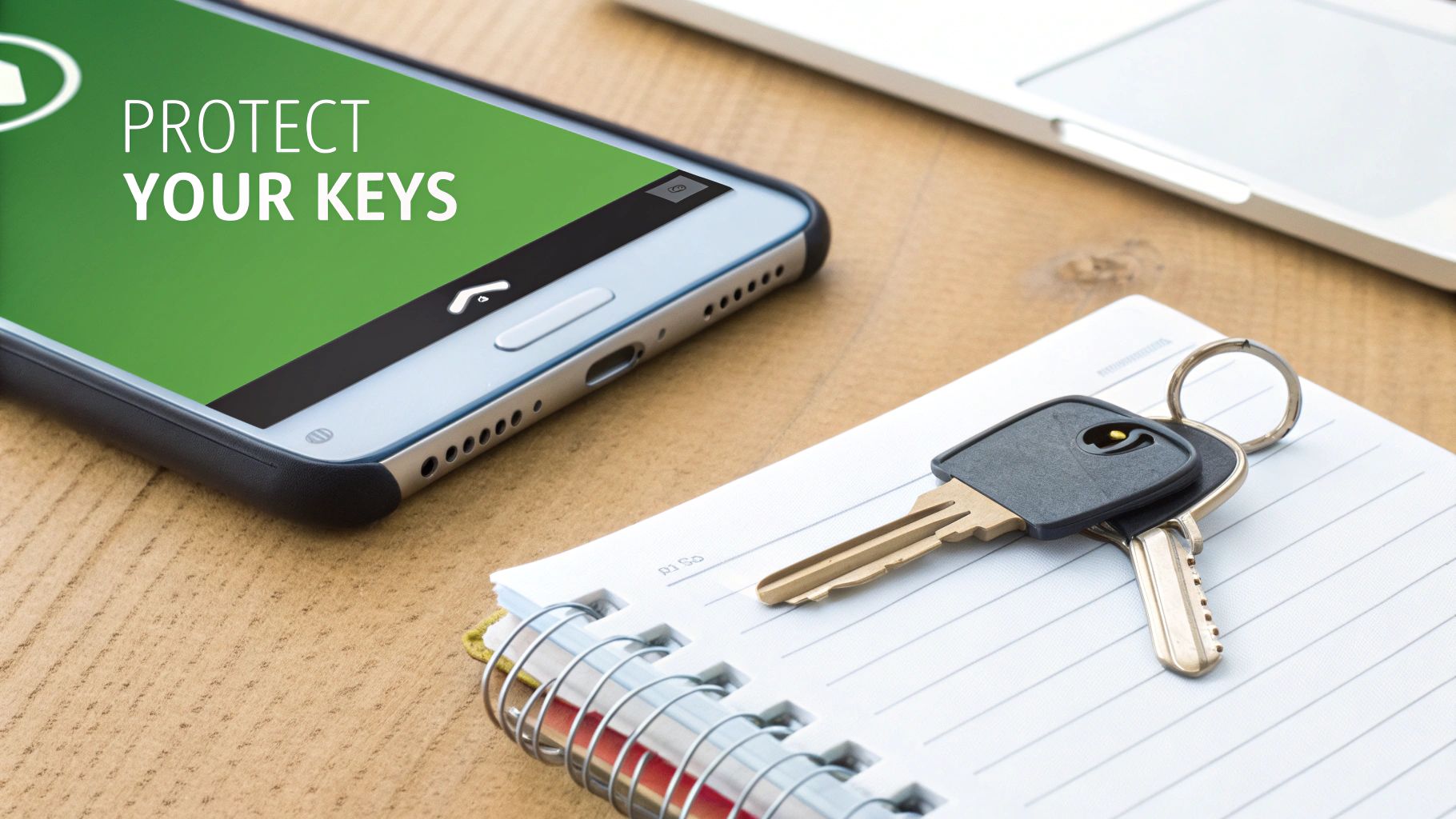 A smartphone displaying 'PROTECT YOUR KEYS' text next to a notebook with a set of physical keys.