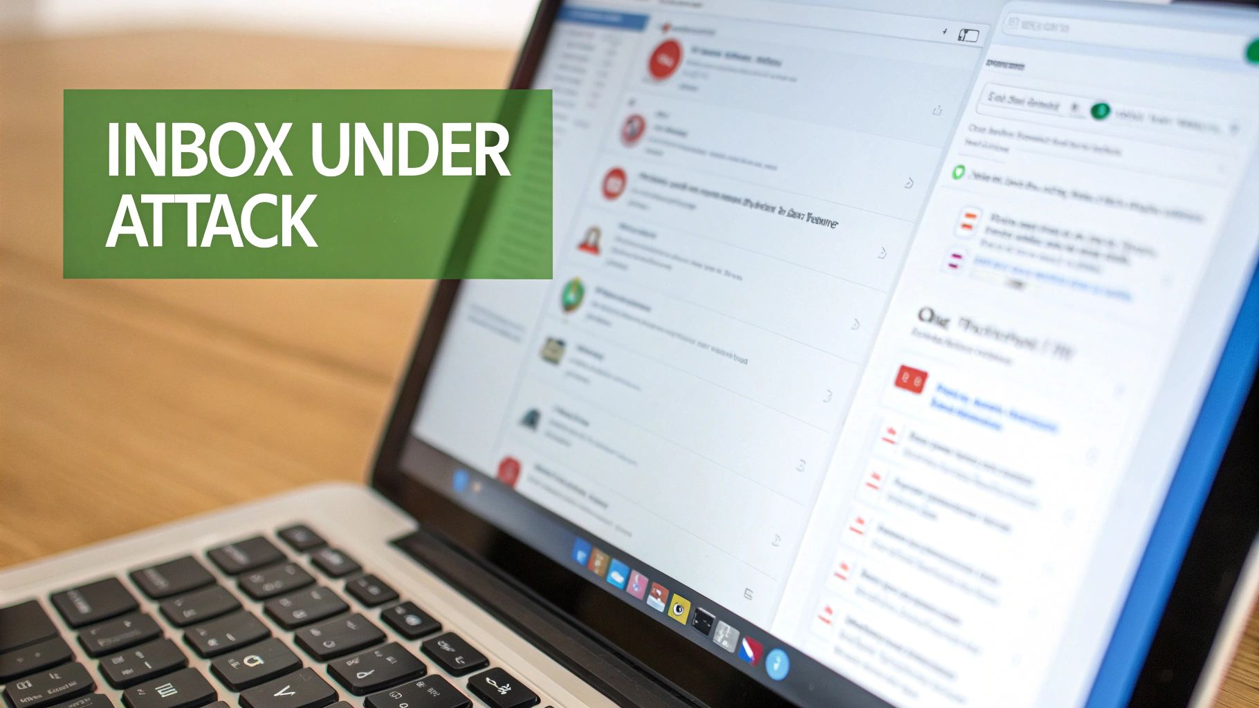 A person sitting at a desk, looking stressed at a laptop screen filled with spam email notifications.