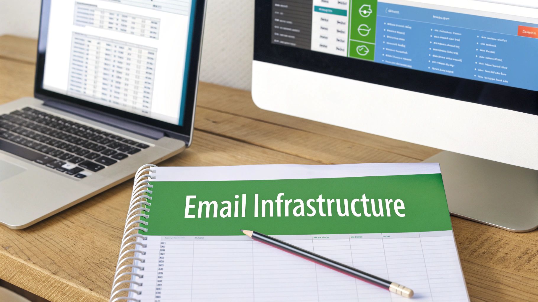 Email infrastructure planning notebook on desk with laptop and desktop computers showing data management systems