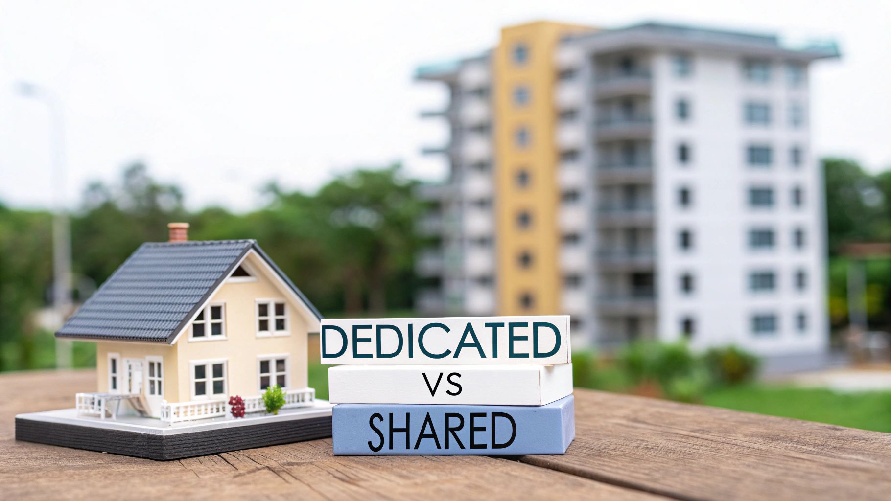 A miniature house model next to blocks of text reading 'DEDICATED VS SHARED' on a wooden table.