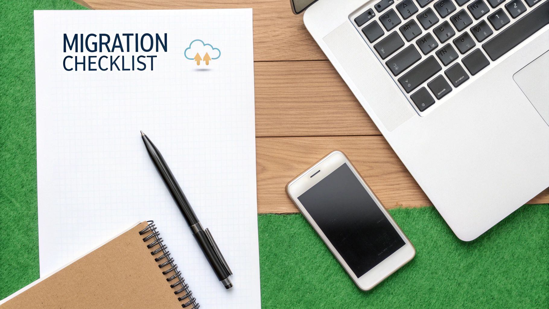 Flat lay of a desk with a 'Migration Checklist', laptop, smartphone, pen, and notebook.