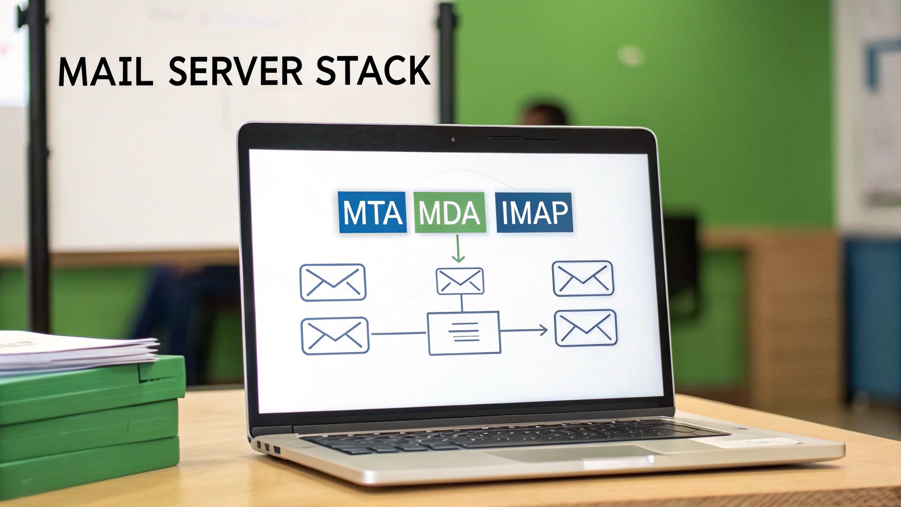 Laptop displaying mail server stack diagram with MTA, MDA, and IMAP protocols and email flow