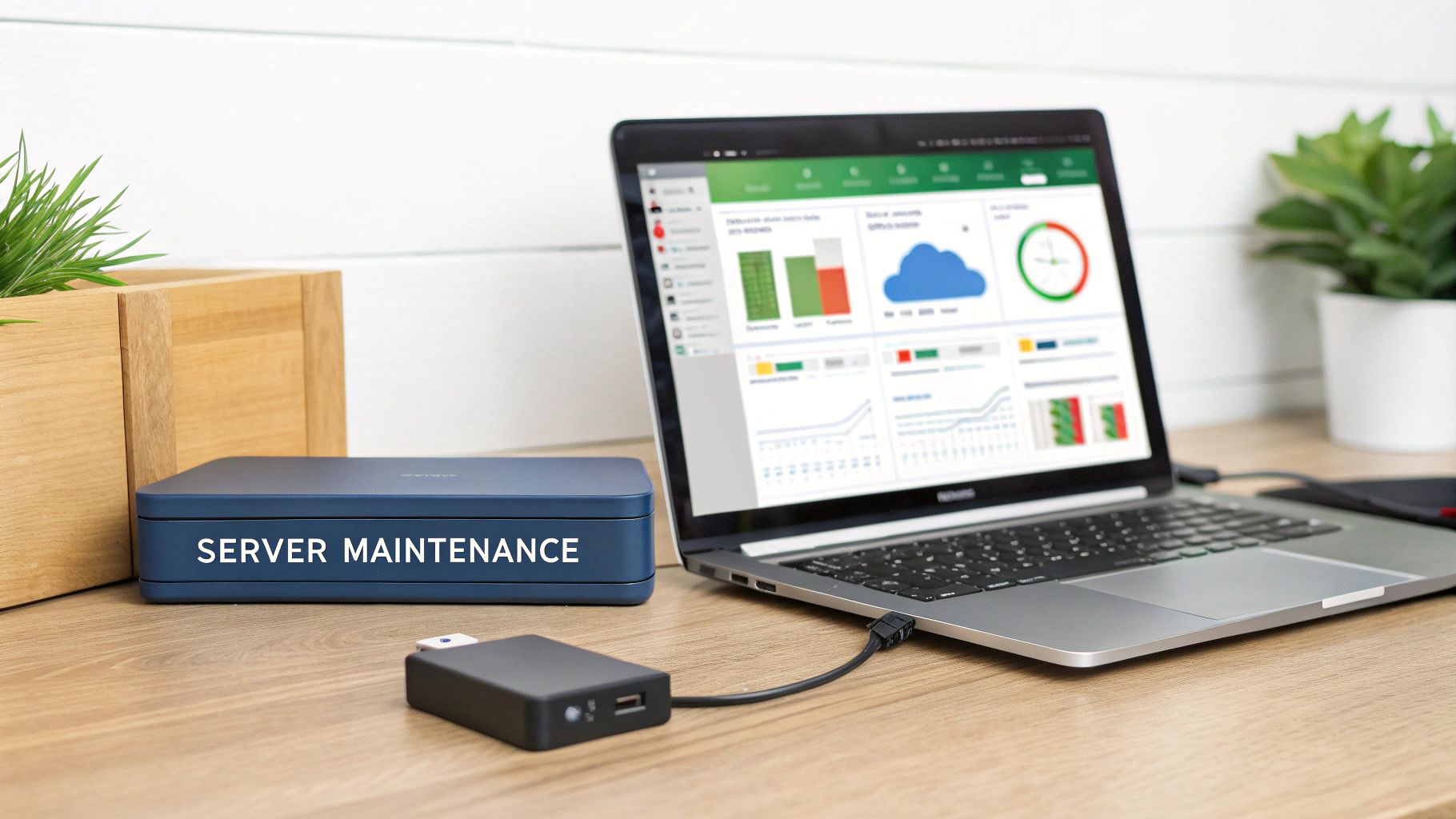 Laptop displaying cloud server dashboard with monitoring charts next to server maintenance device on desk