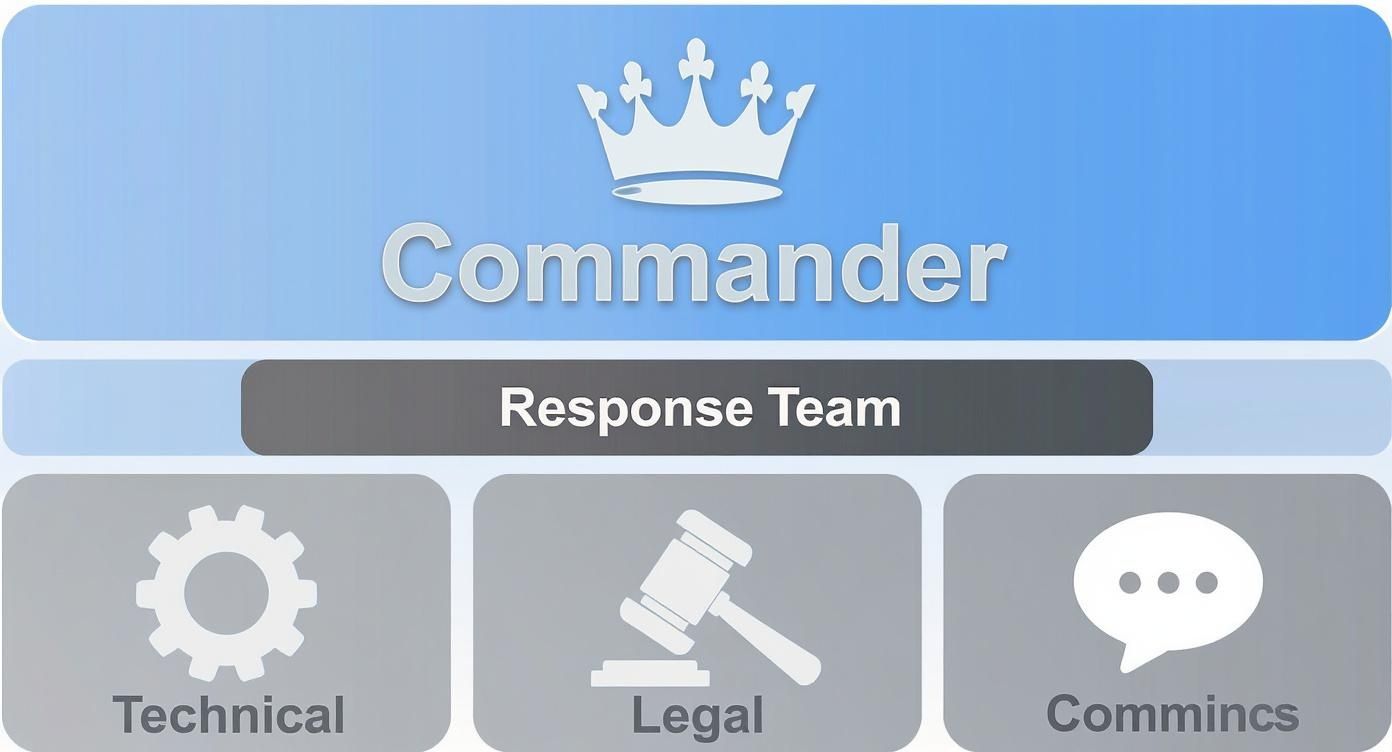 An organizational chart showing a data breach response plan with Commander, Response Team, Technical, Legal, and Communications roles.