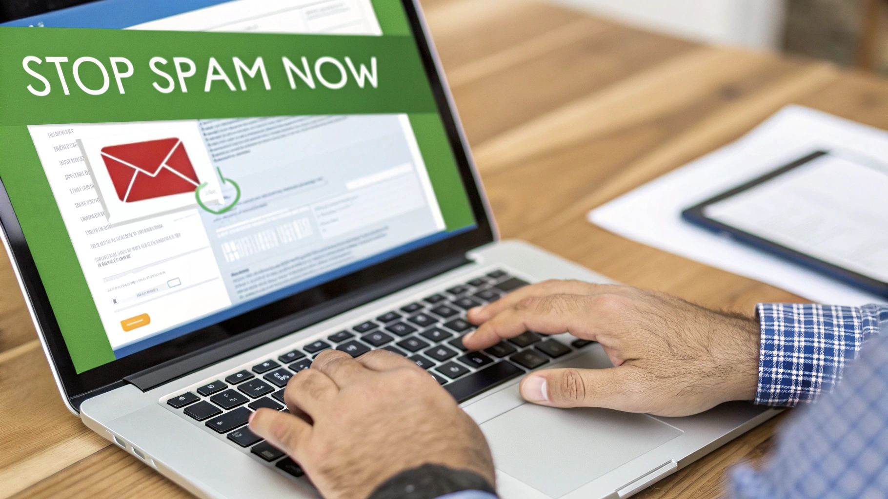 Close-up of hands typing on a laptop screen displaying 'STOP SPAM NOW' and an email icon, suggesting spam prevention.