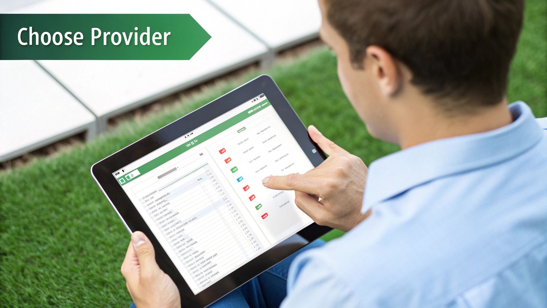 A person at a desk carefully reviewing a checklist on a tablet, with icons representing security, integration, and cost, symbolizing the process of choosing a secure email provider.