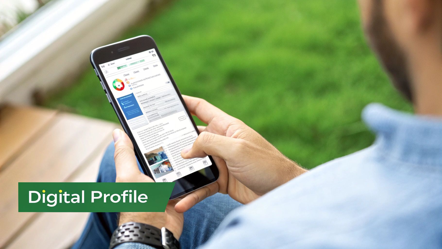 A person viewing a digital profile on a smartphone, showcasing charts and information.