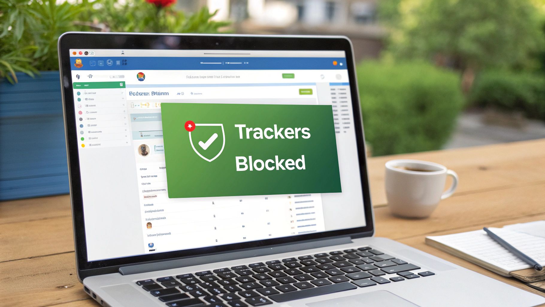 A laptop displaying a 'Trackers Blocked' message on its screen, set on a wooden table outdoors.
