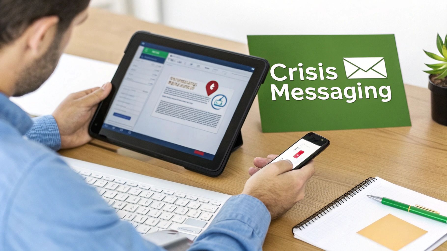 A man uses a tablet and smartphone for crisis messaging, with a green sign on desk.