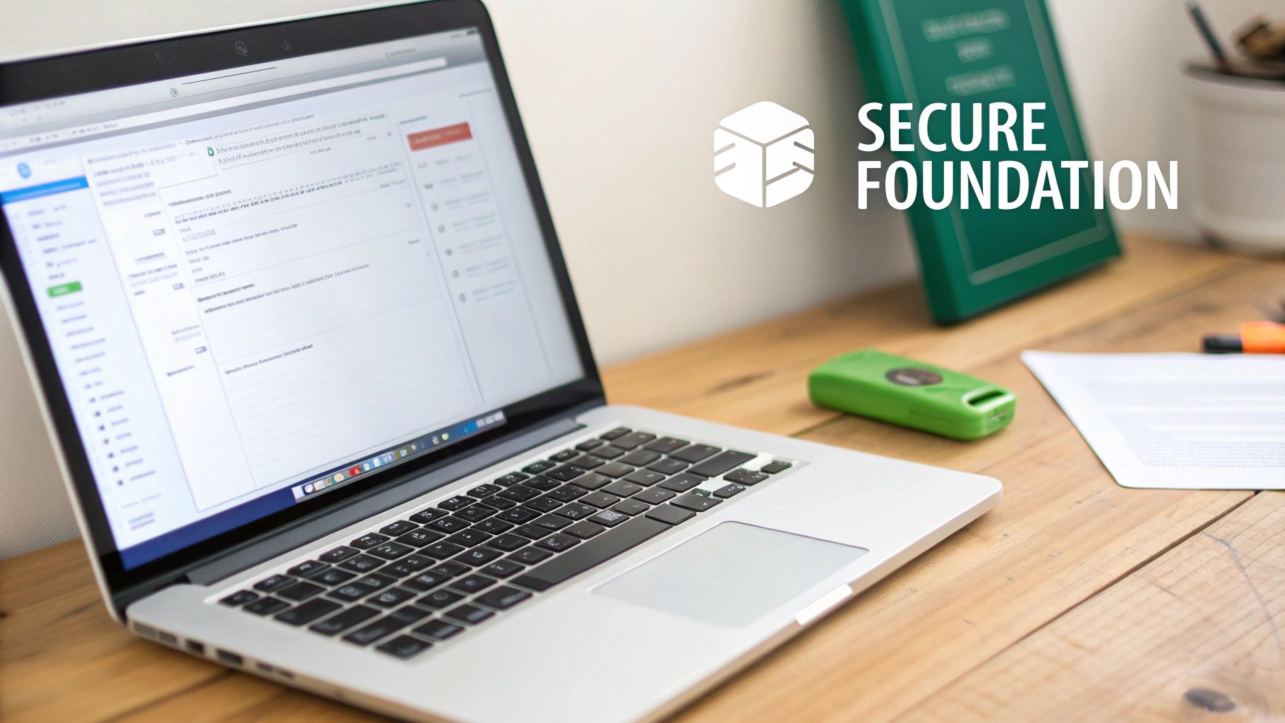 A laptop open on a wooden desk with a green security key, documents, and "Secure Foundation" logo.