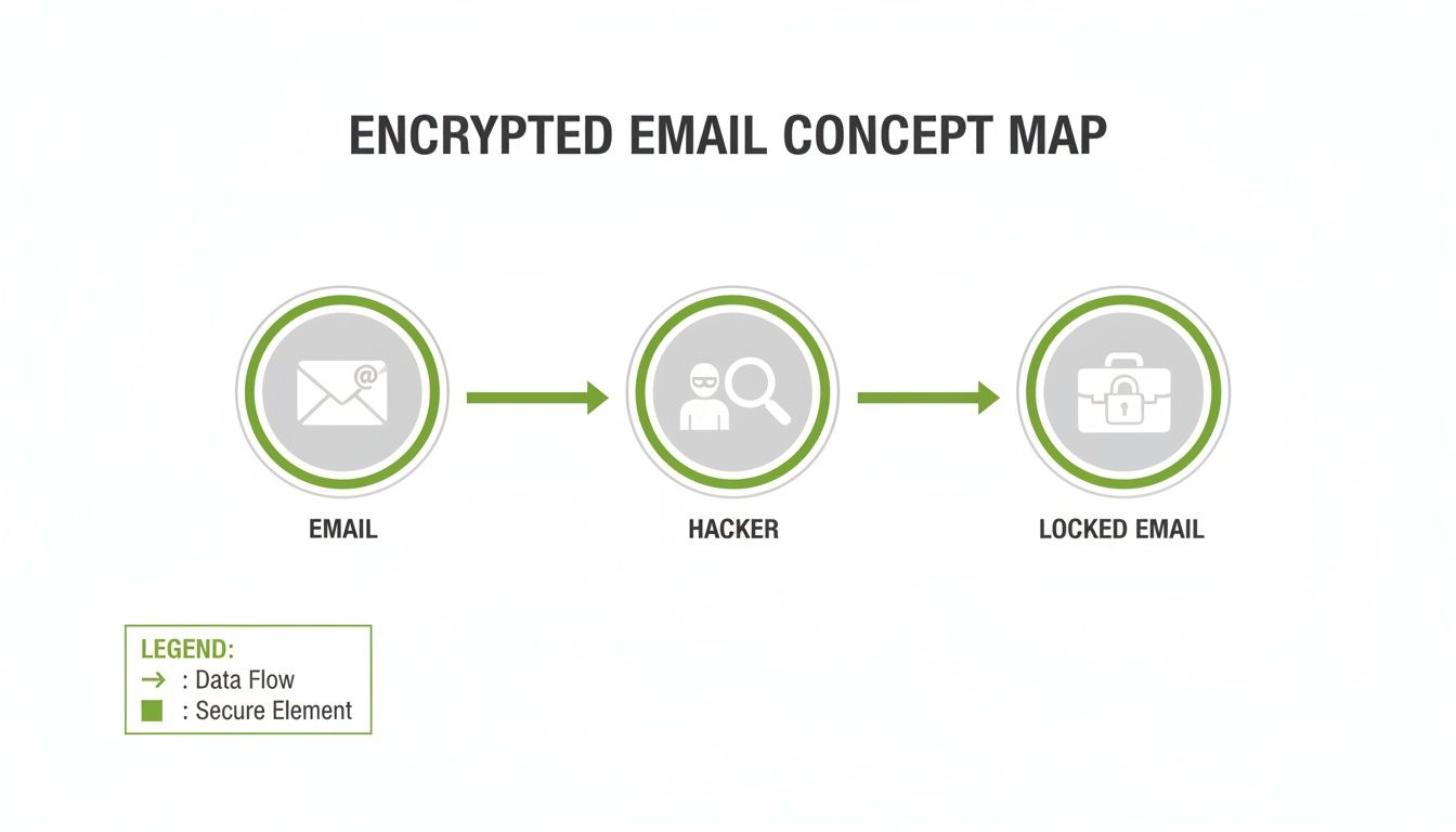 Concept map illustrating an email's flow, its interception by a hacker, and transformation into a secure, locked email.