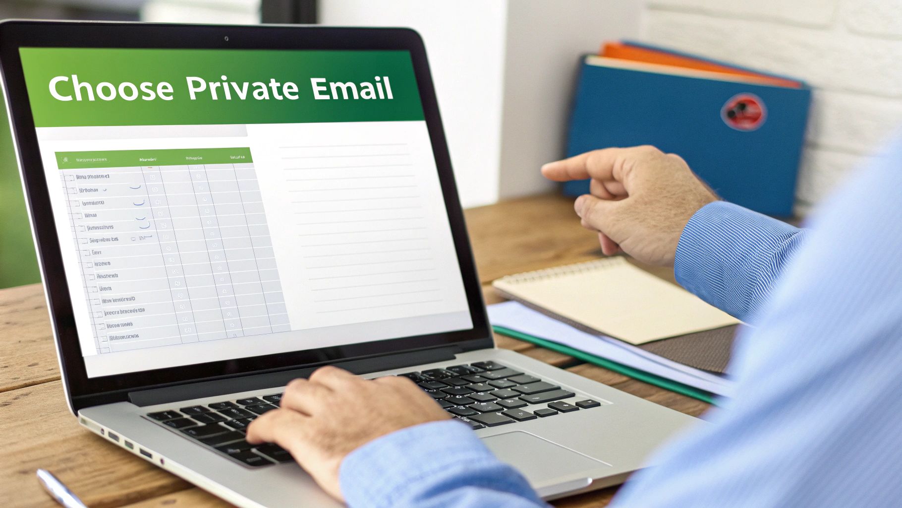 A person types on a laptop showing 'Choose Private Email' and points to the screen.