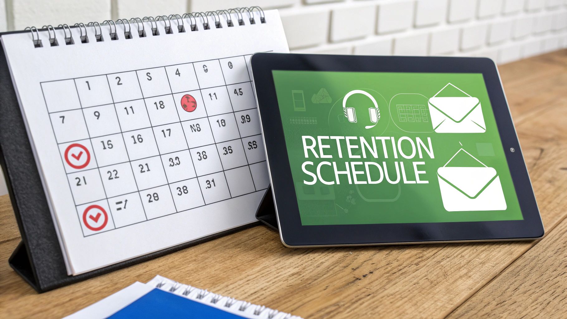 A tablet displays 'RETENTION SCHEDULE' text and email icons next to a calendar with marked dates.