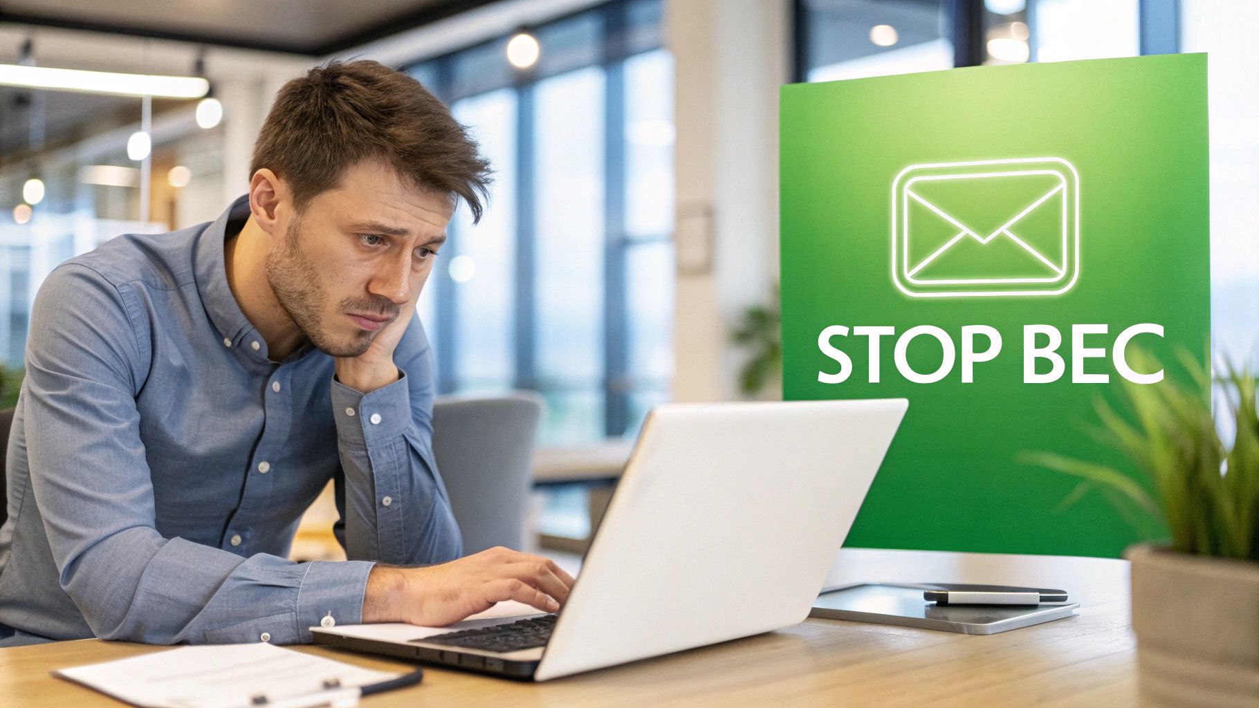 A person looking stressed while working on a laptop, representing the impact of a business email compromise attack.