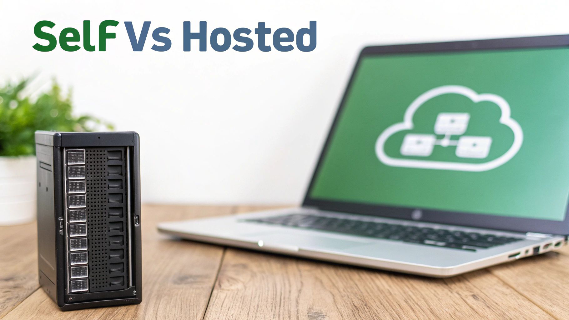Self versus hosted comparison showing physical server and laptop with cloud storage icon on screen