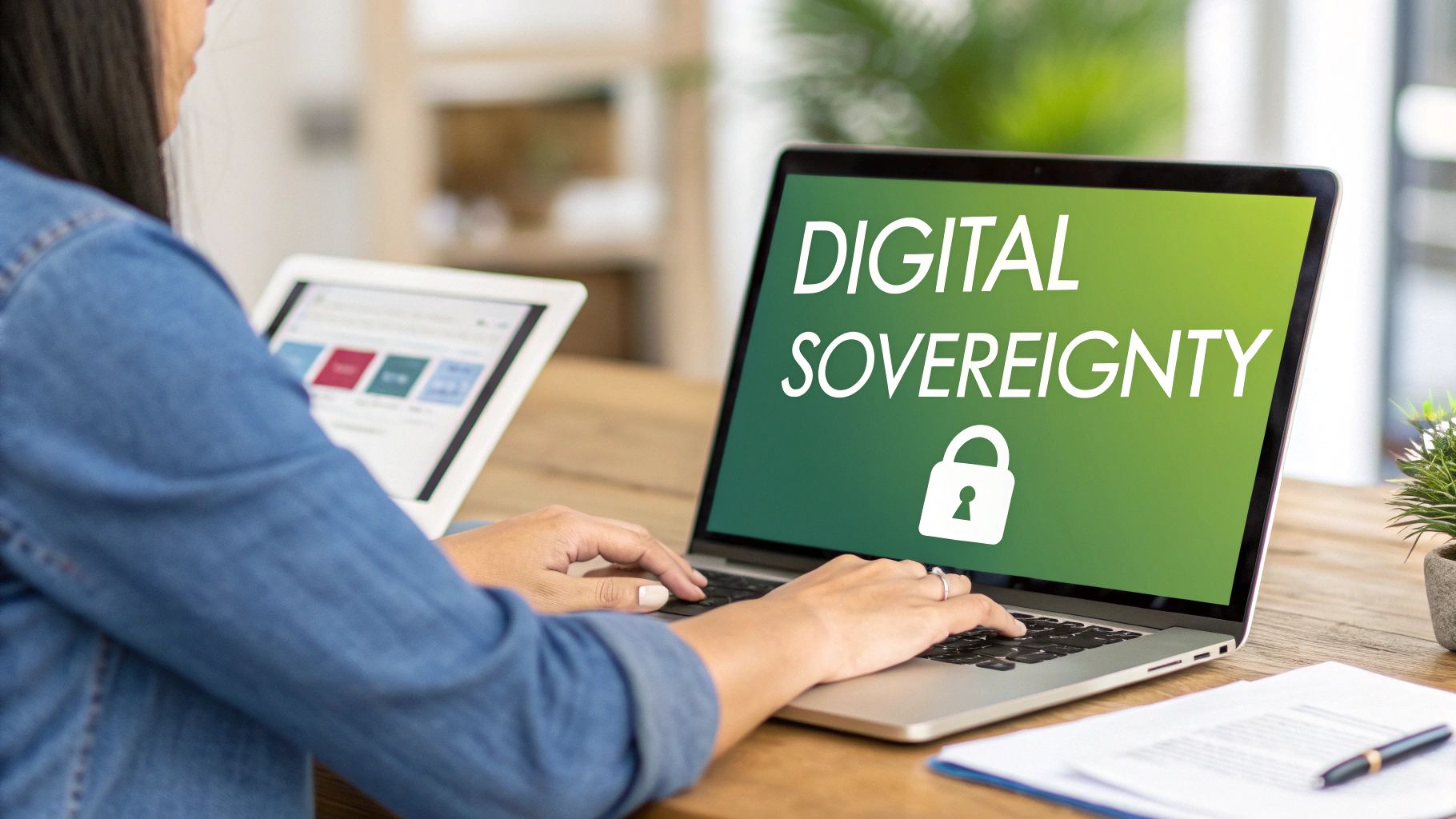 Woman working on laptop displaying digital sovereignty with padlock icon and green gradient background