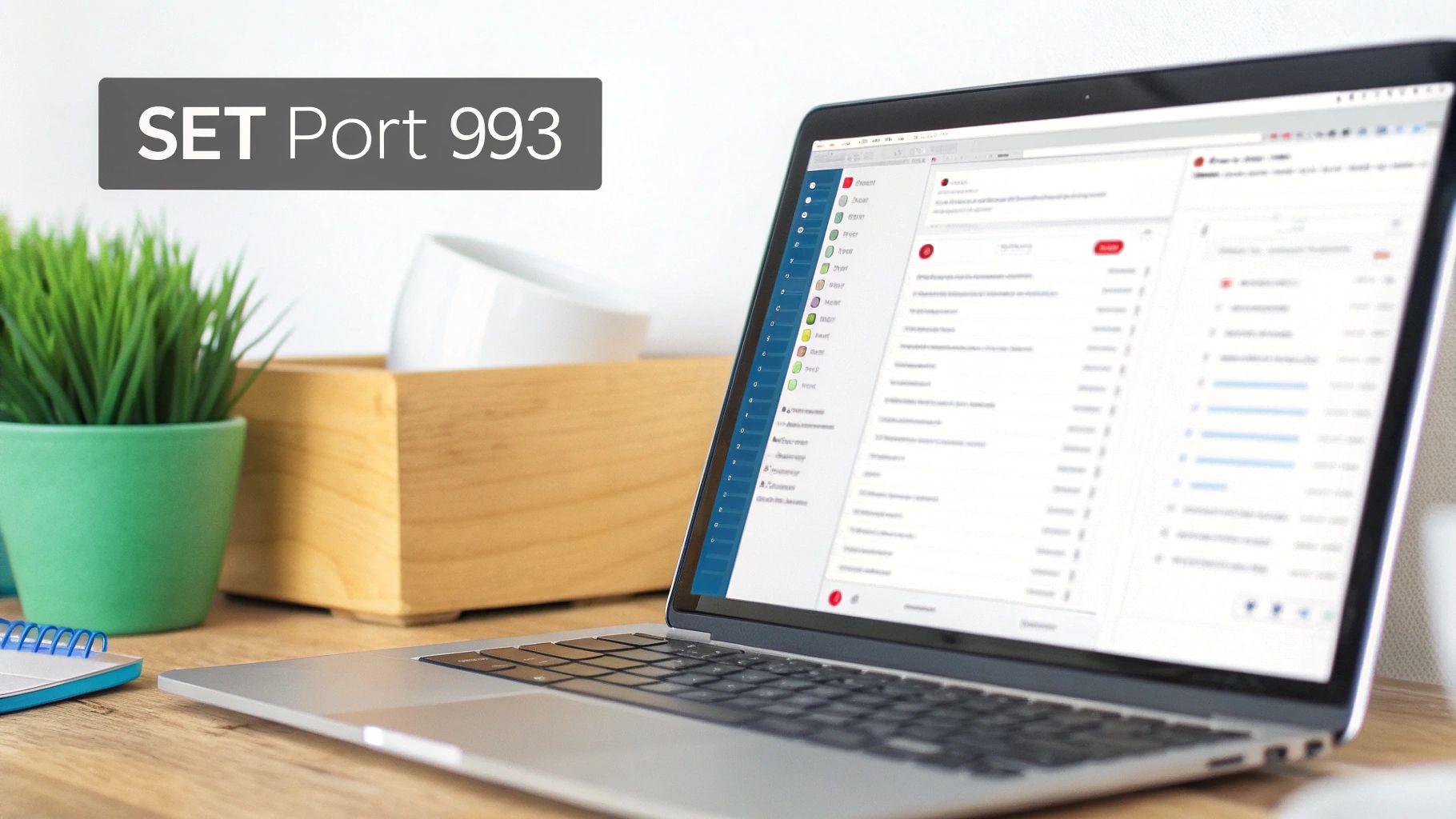 A laptop on a wooden desk displays an email interface, next to a plant and a sign reading "SET Port 993".