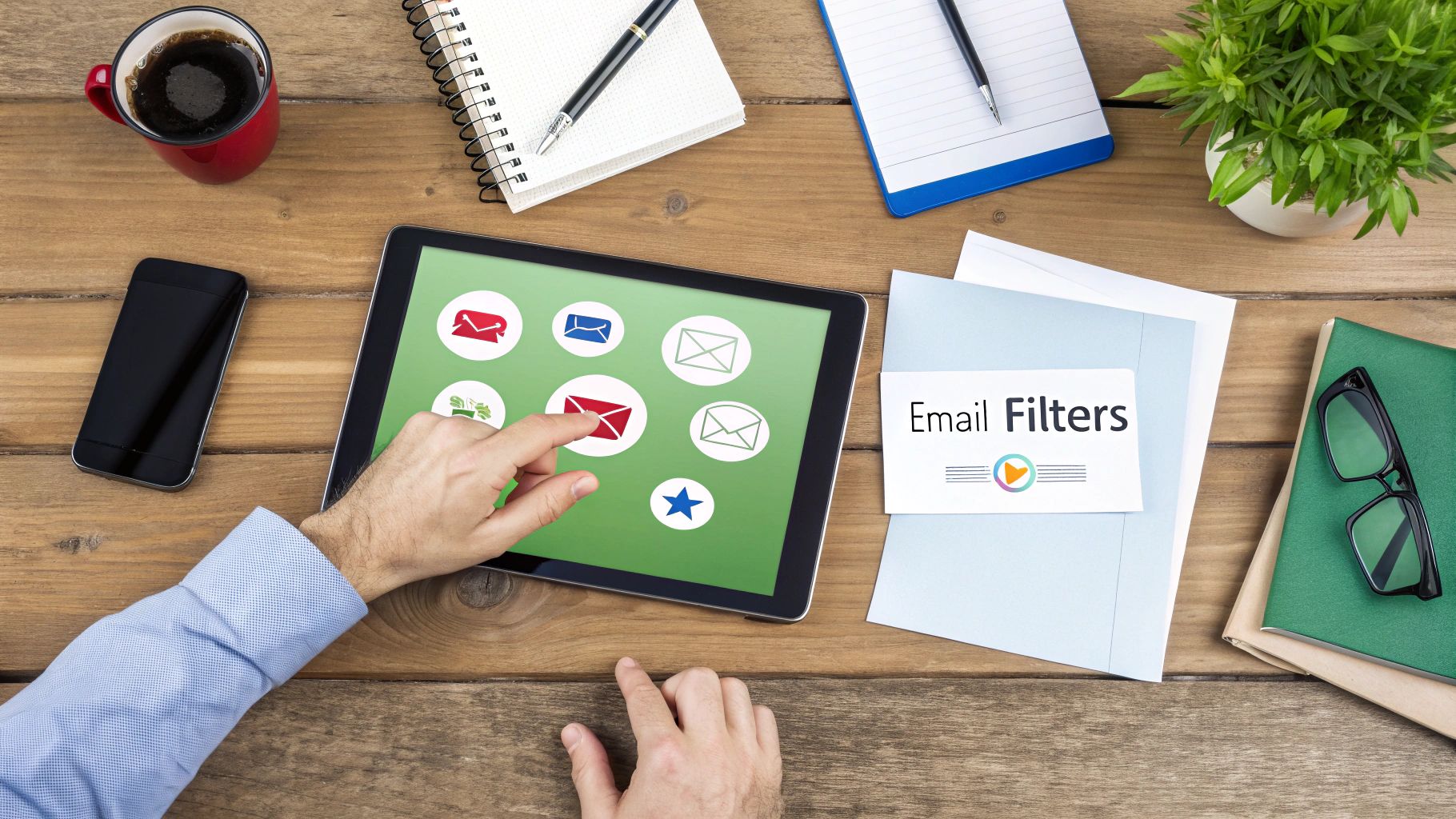 Diagram showing arrows from multiple email icons pointing to a single, central email icon.