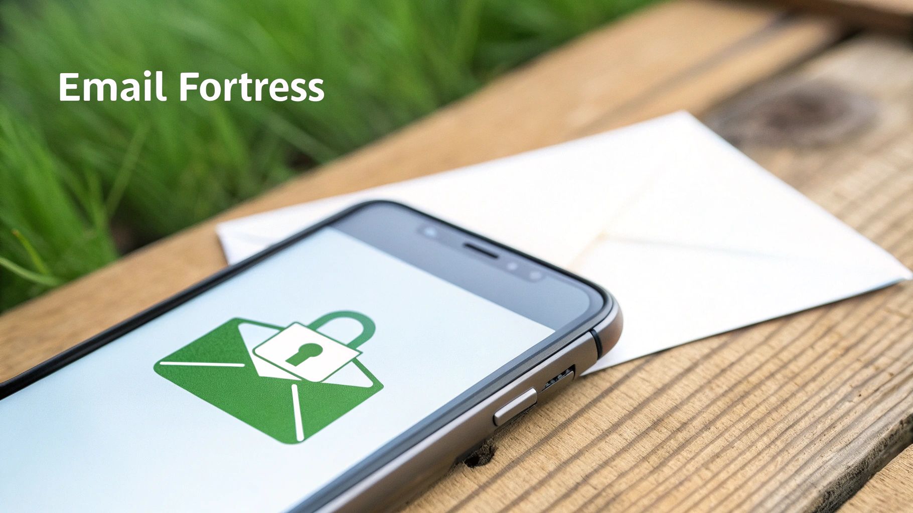 A smartphone displays a green secure email icon with a padlock, next to a white envelope, symbolizing email protection.