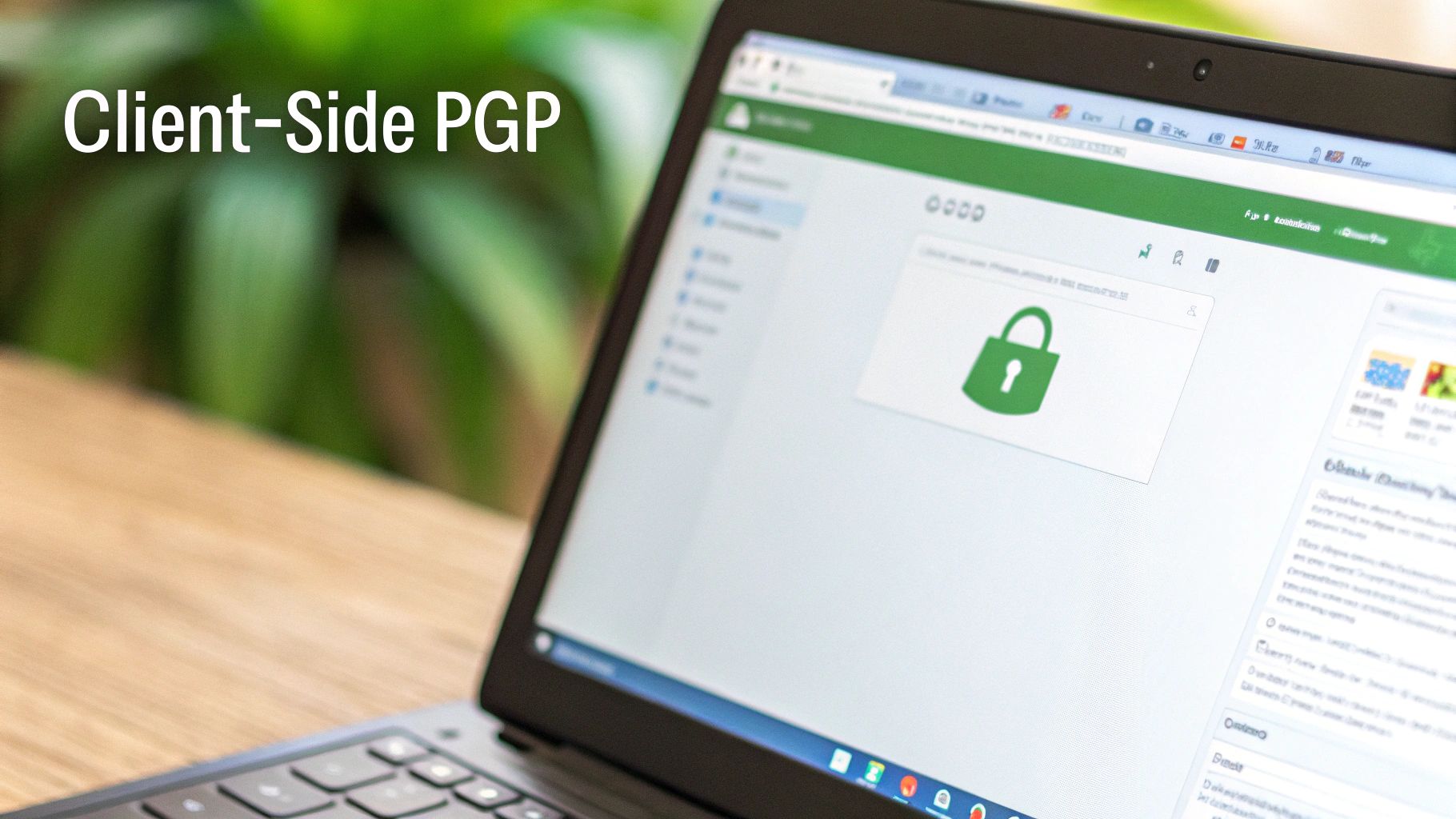 A laptop displays a secure web interface with a green padlock icon and the text 'Client-Side PGP'.