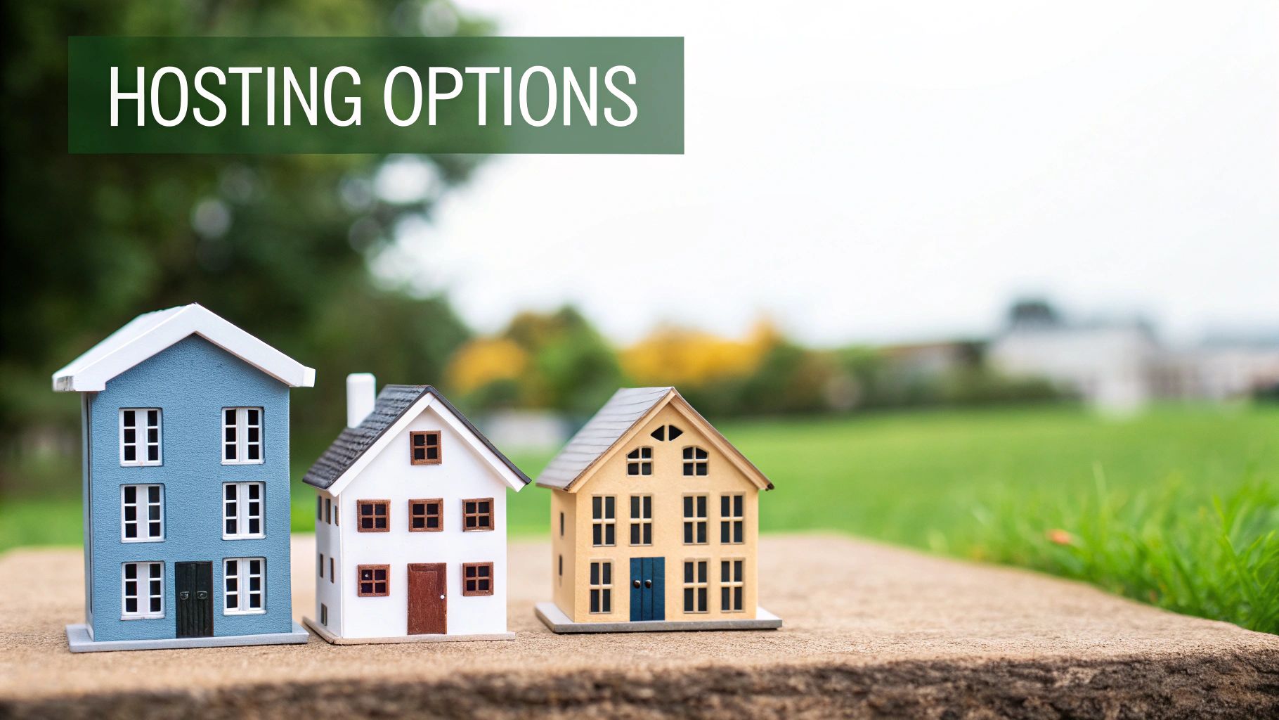 Three colorful miniature house models on wooden surface representing different hosting options for websites