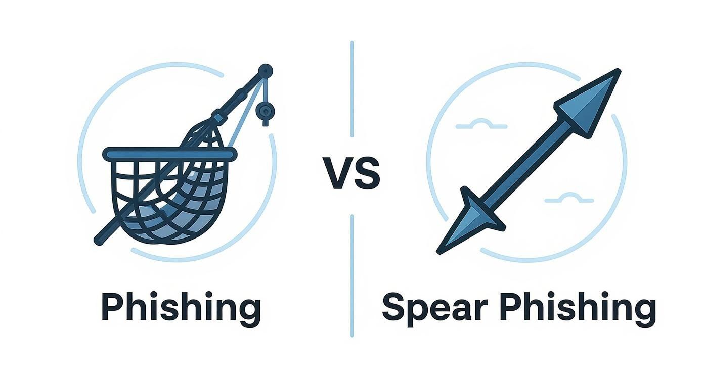 An illustration comparing phishing, depicted by a fishing net, with spear phishing, shown as a spear.