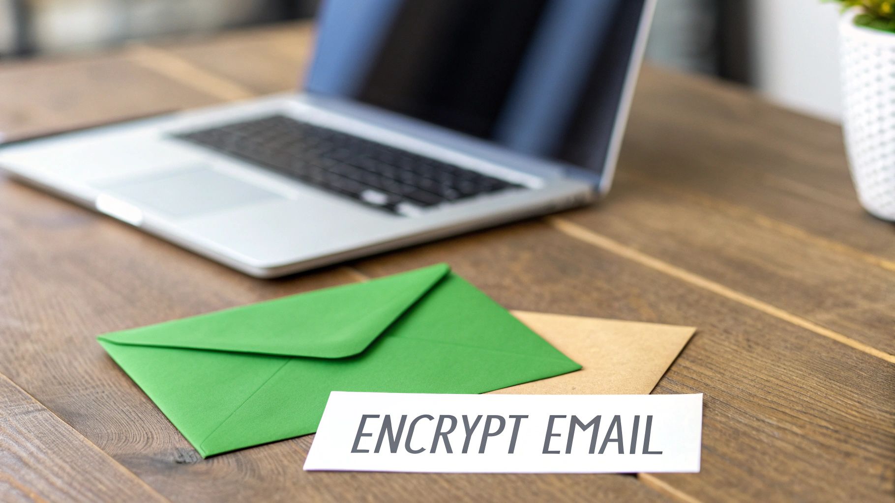 A white card reading 'Encrypt Email' lies on a wooden desk near two envelopes and a laptop.