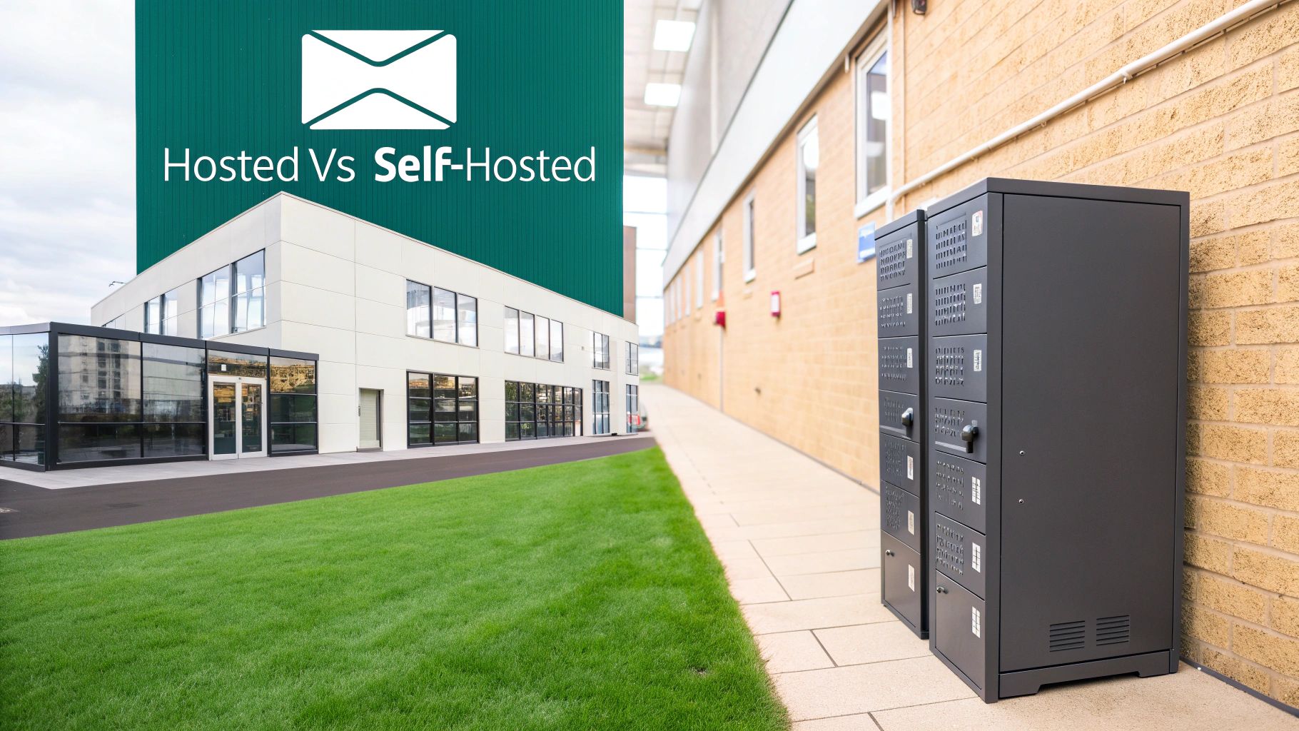 Split image comparing hosted (modern building) and self-hosted (lockers) email solutions, with 'Hosted Vs Self-Hosted' banner.