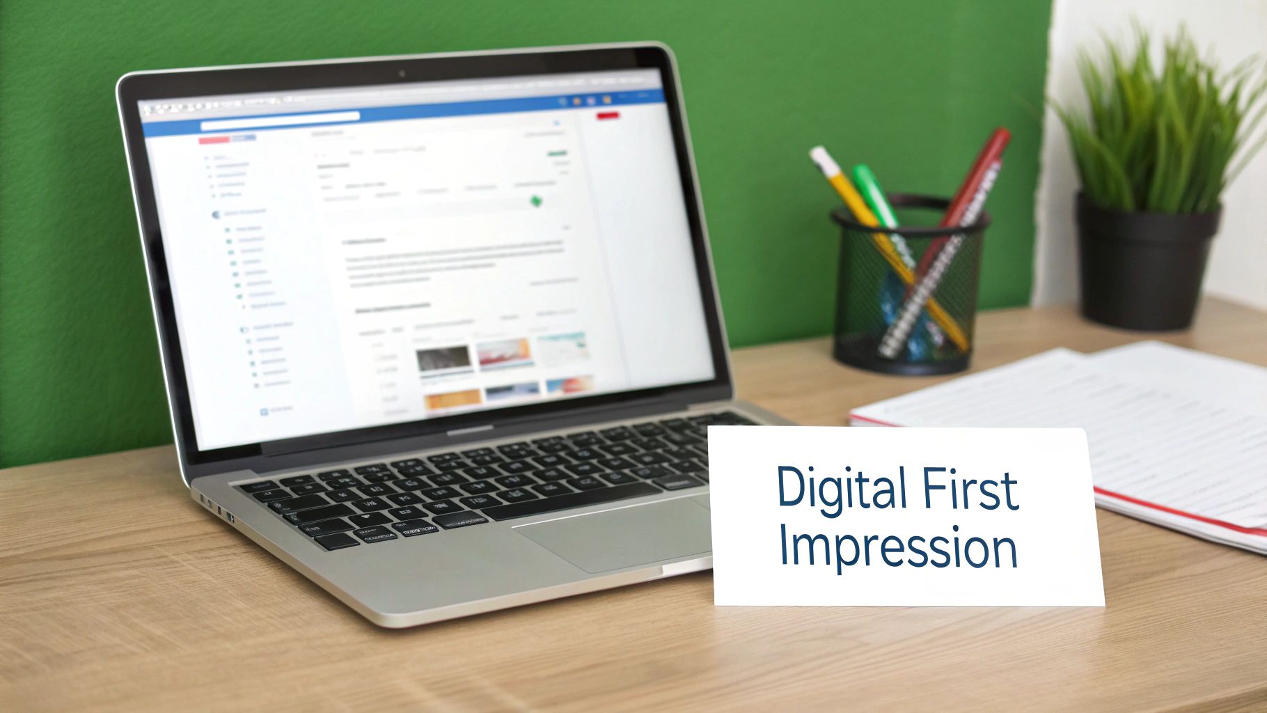 Laptop on a wooden desk displaying a digital interface with a card 'Digital First Impression'.
