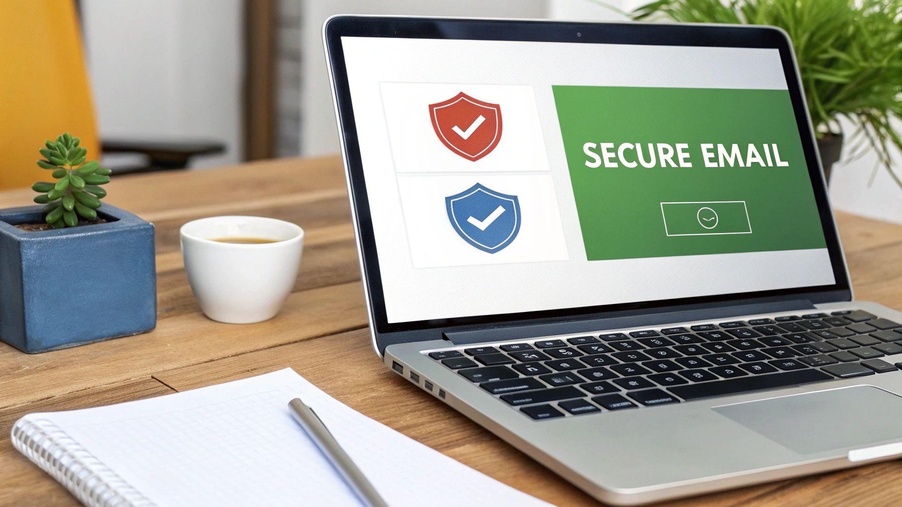 Laptop screen displaying secure email interface with shield icons on a wooden desk with coffee and plant.